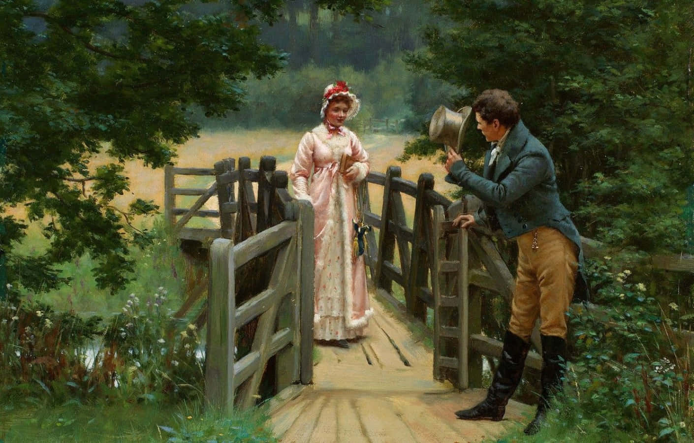 period attire, pink dress, wooden bridge, HD Desktop Wallpaper
