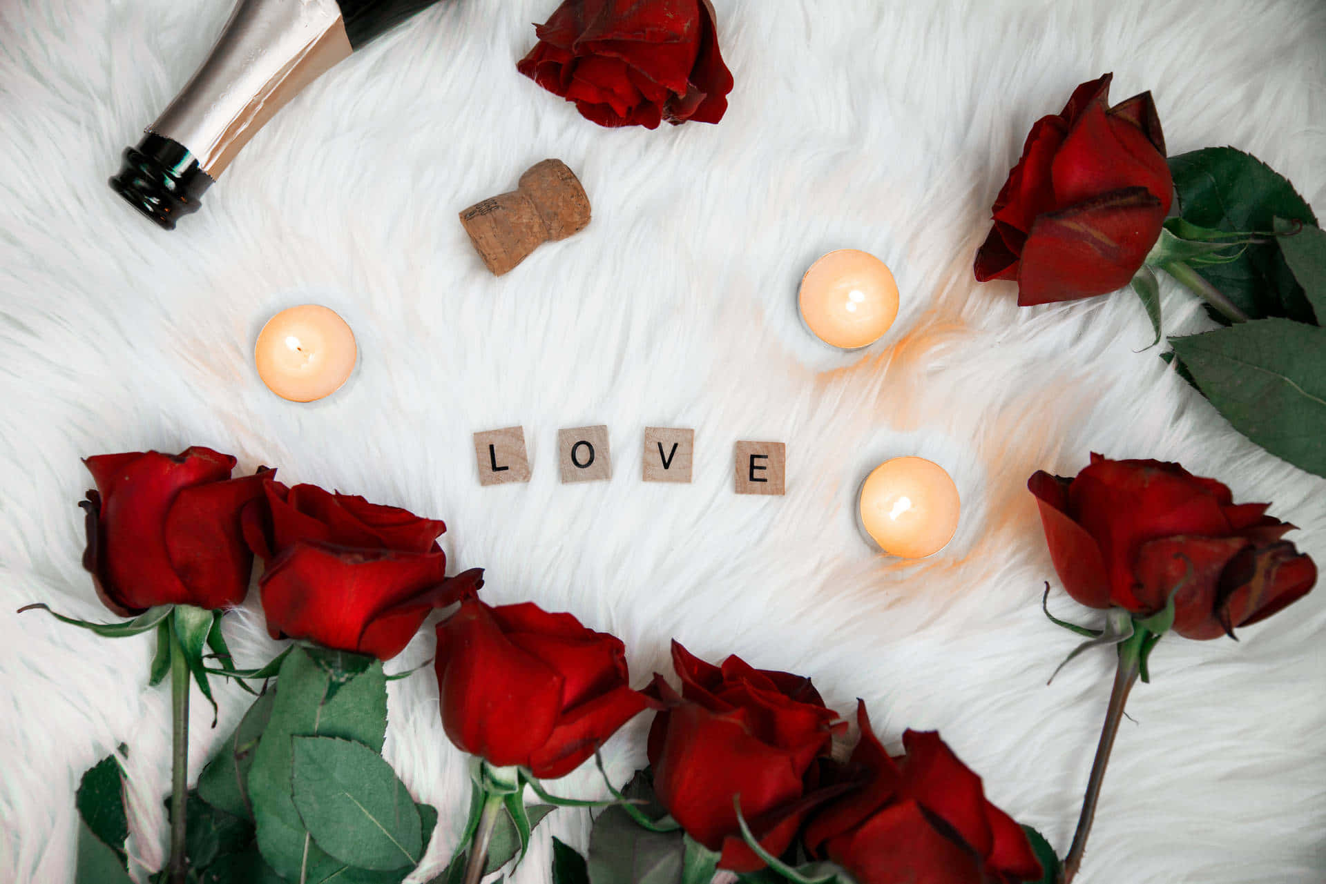 red roses, candles, champagne bottle, Full HD Desktop Wallpaper