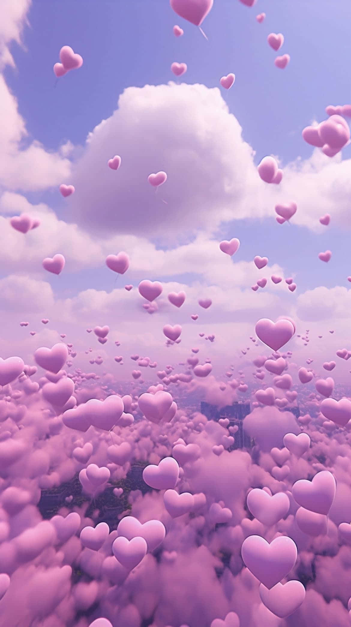 pink hearts, cloudscape, soft purple sky, Full HD Phone Wallpaper