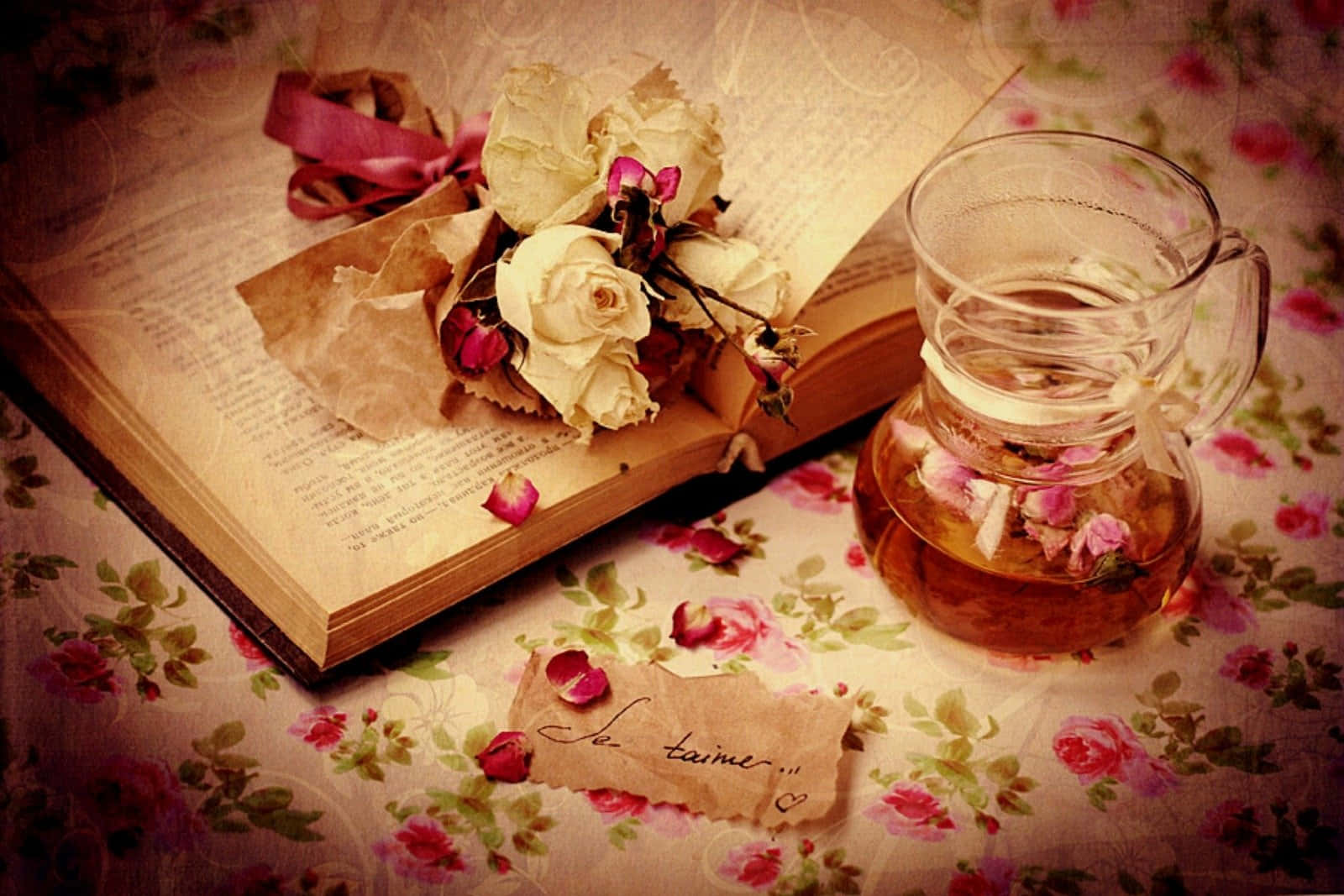 vintage book, glass teapot, rose tea, HD Desktop Wallpaper