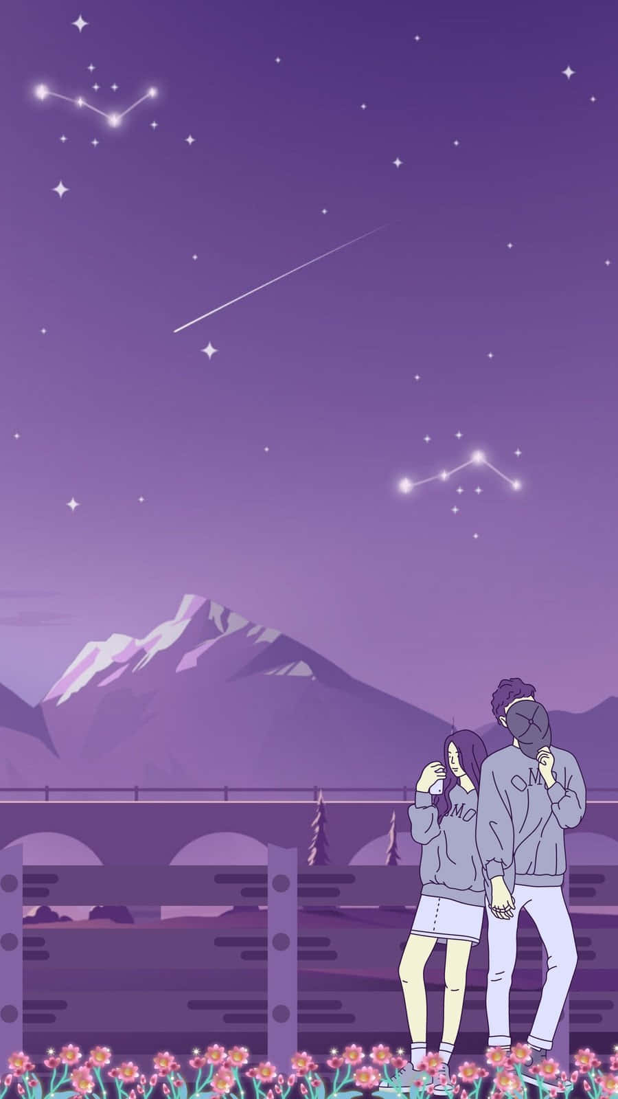 stargazing couple, purple mountains, starry sky, HD Phone Wallpaper