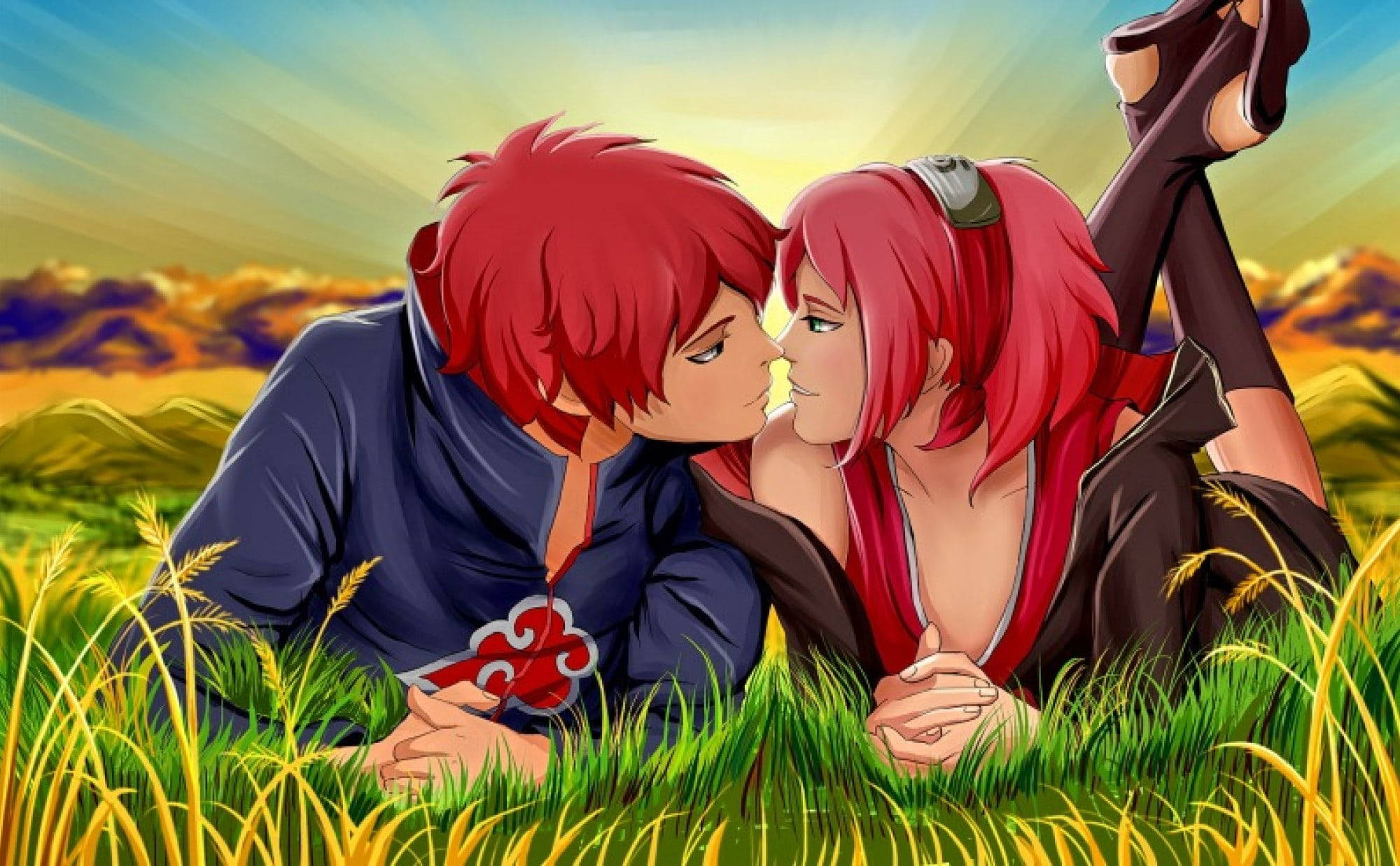 Romantic Anime Couples, red hair, sunrise, Full HD Desktop Wallpaper