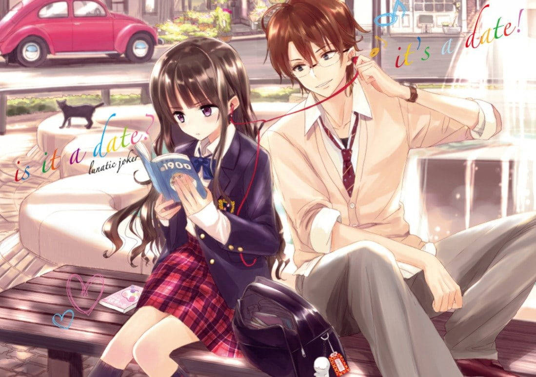 Romantic Anime Couples, bench, earphones, SD Desktop Wallpaper