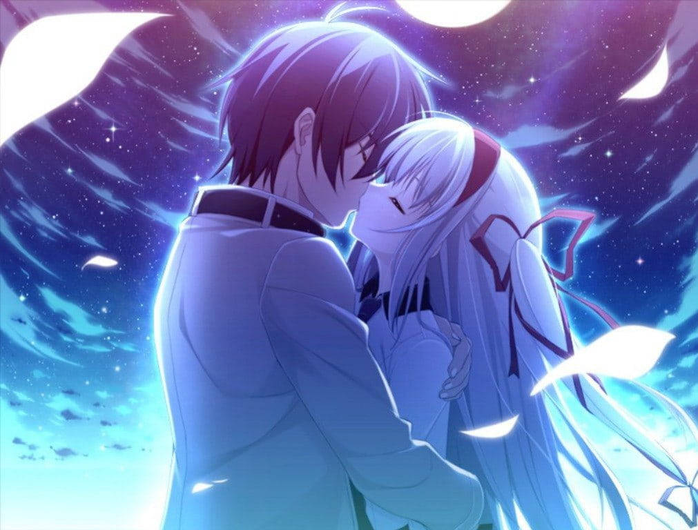 kissing romantic anime couples, starry cosmic sky, glowing wings, SD Desktop Wallpaper
