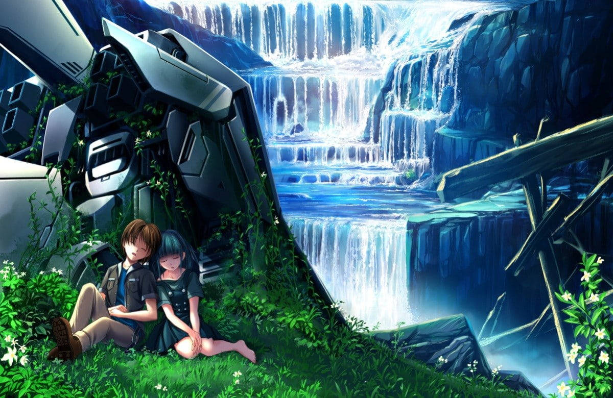 waterfall, mossy mech, lush green valley, SD Desktop Wallpaper