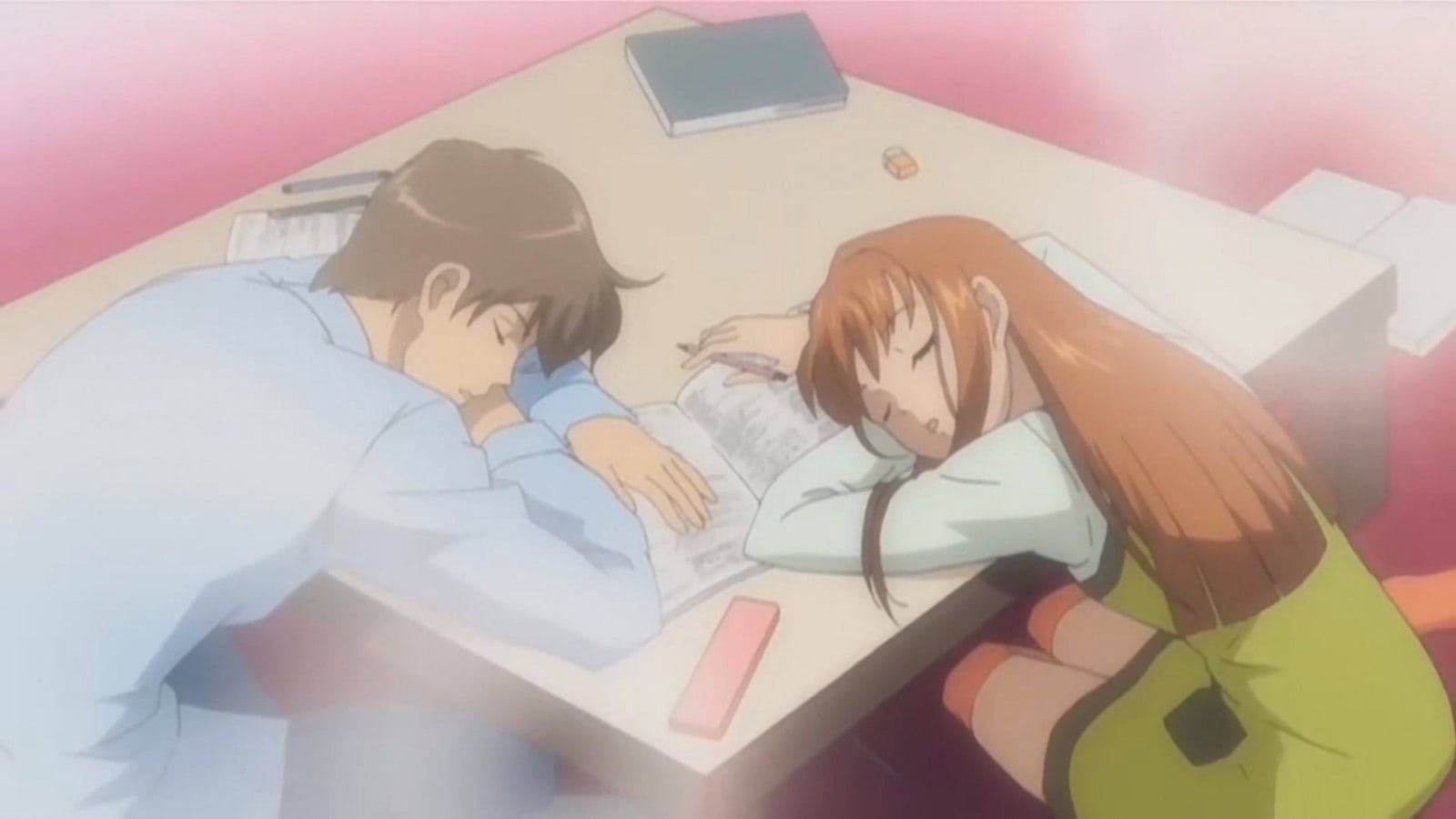 Romantic Anime Couples, sleeping on table, anime students, HD Desktop Wallpaper
