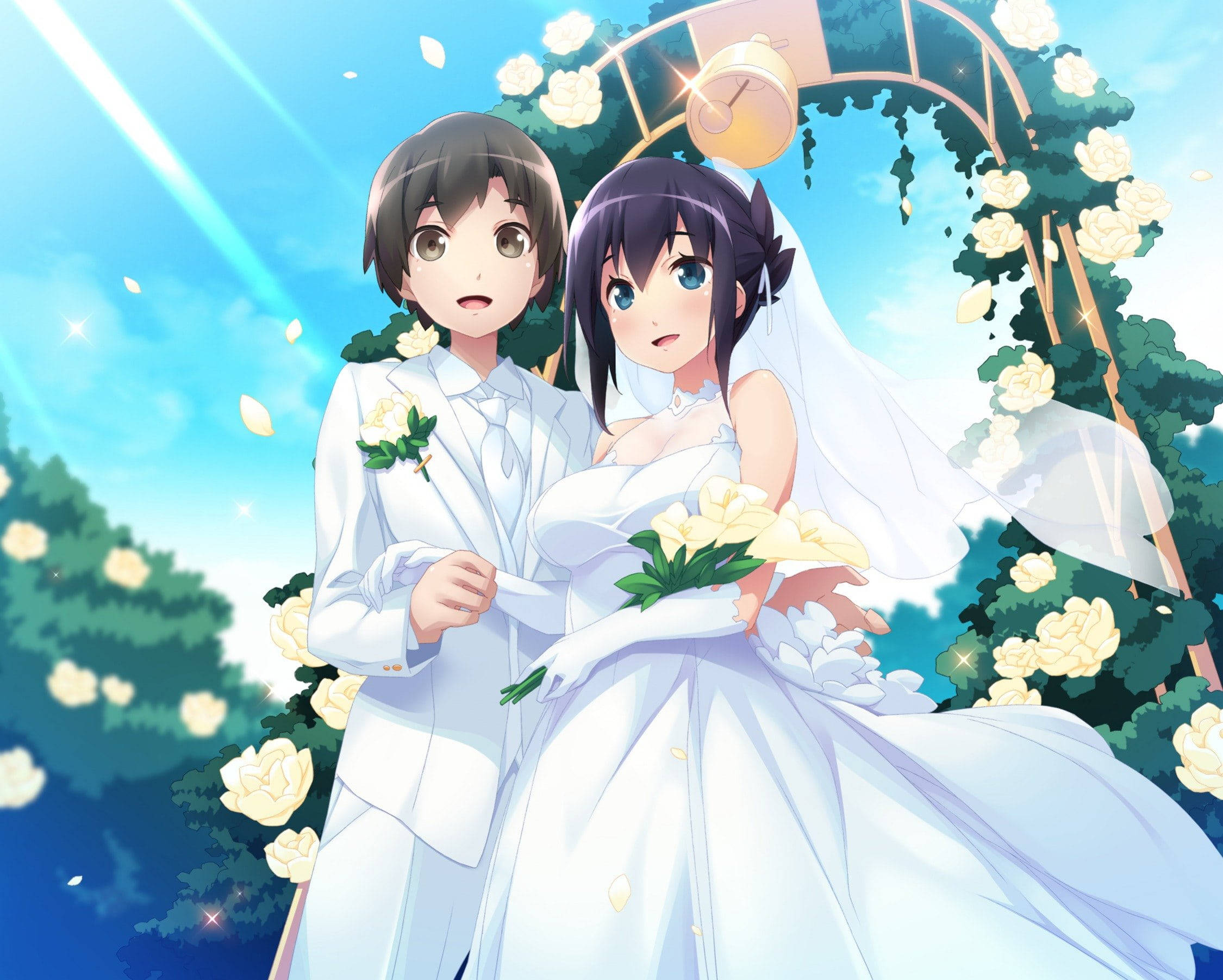Romantic Anime Couples, white wedding attire, floral arch, Full HD Desktop Wallpaper