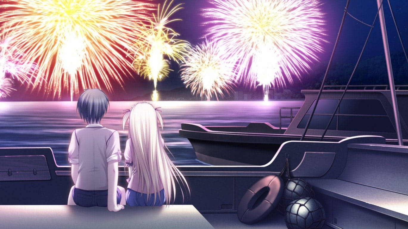 Romantic Anime Couples, fireworks, boat, HD Desktop Wallpaper