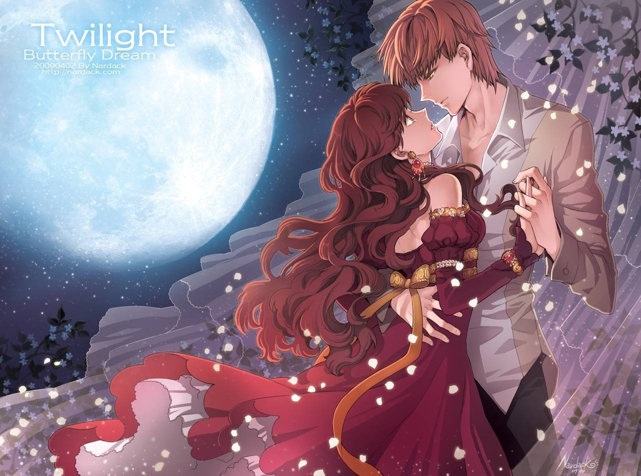 romantic anime couple, glowing full moon, falling petals, HD Desktop Wallpaper