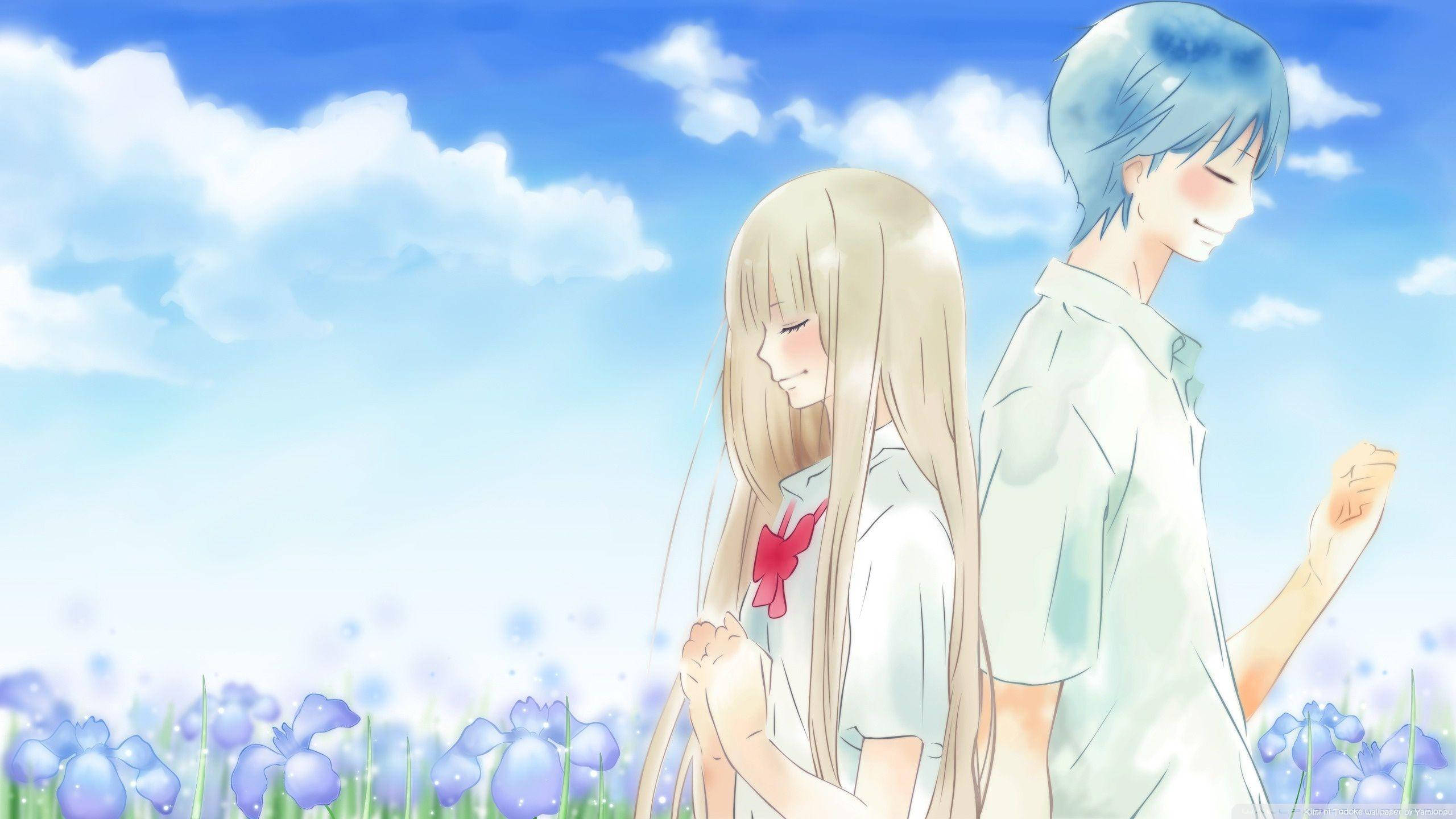 Romantic Anime Couple, blue field, purple flowers, 2K Desktop Wallpaper
