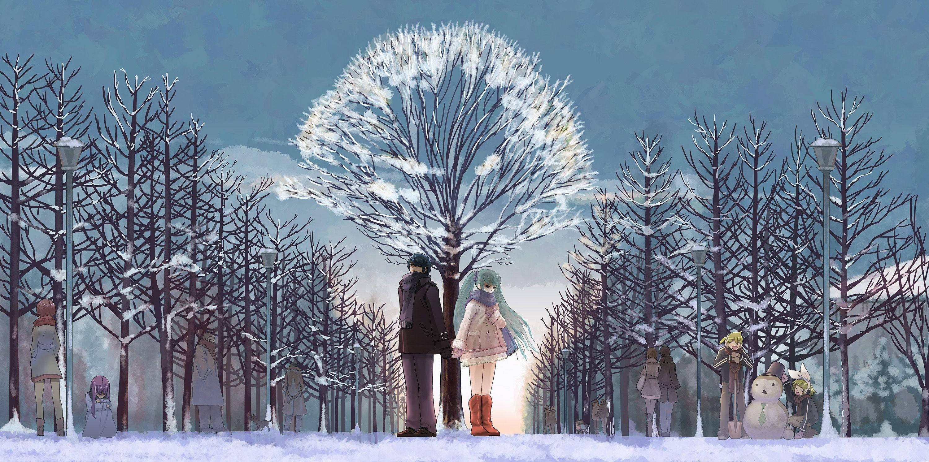 Romantic Anime Couple, winter park, snow-laden tree, 2K Desktop Wallpaper