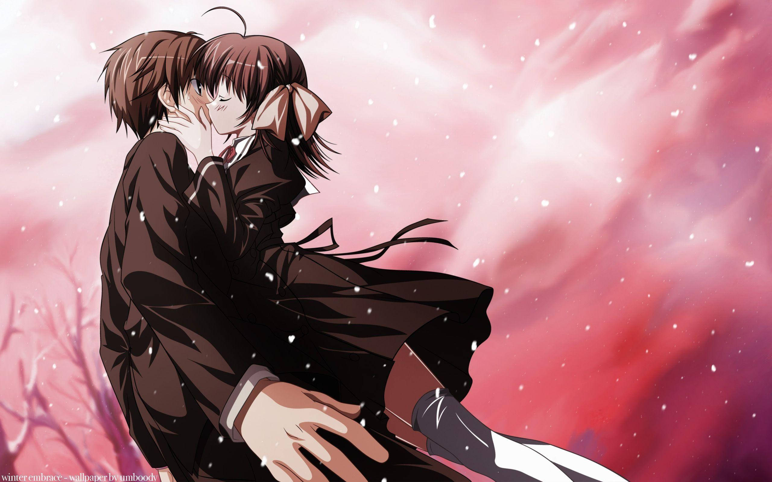 Romantic Anime, couple kissing, pink sky, 2K Desktop Wallpaper