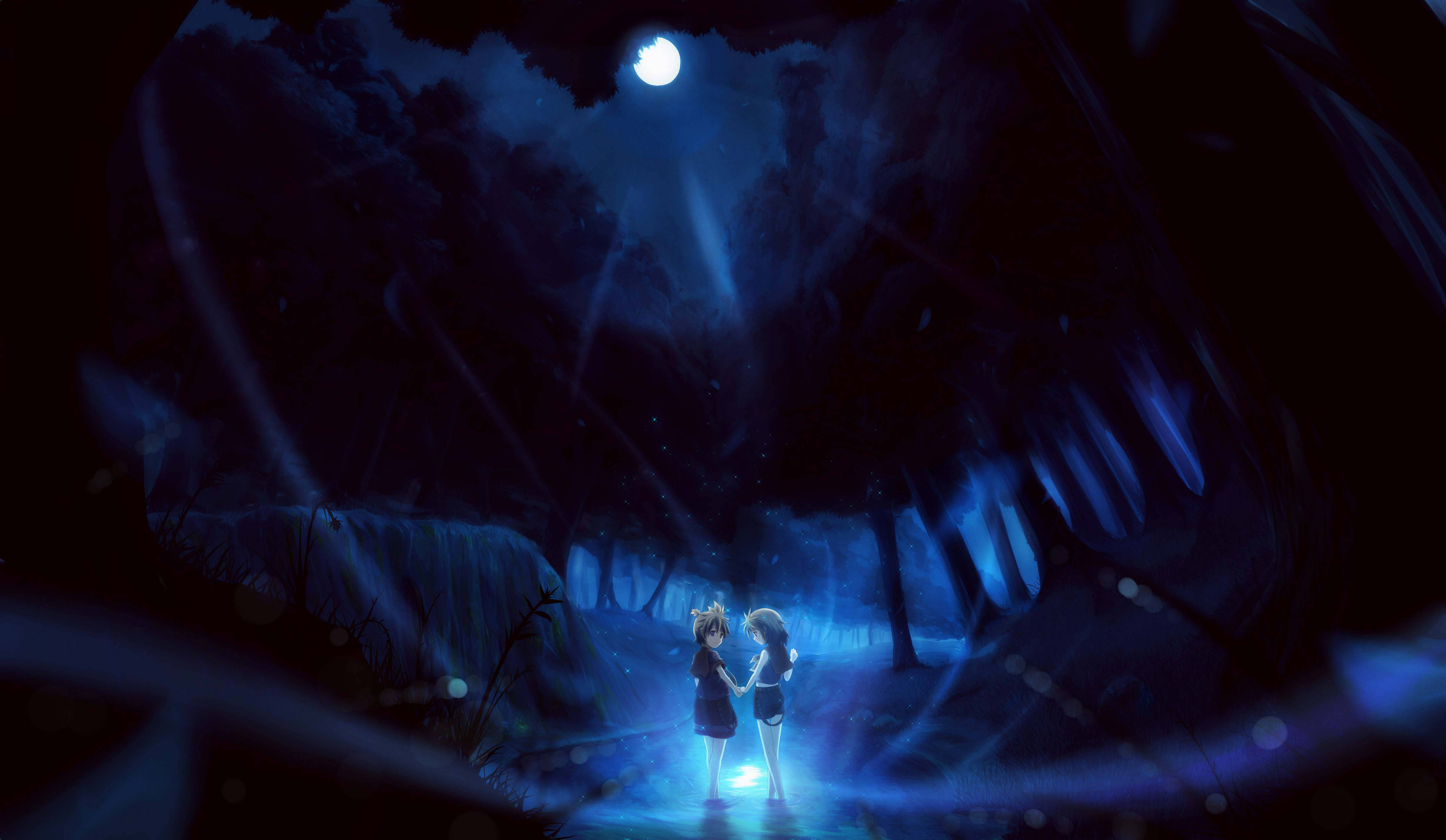 Romantic Anime, couple holding hands, glowing moon, 4K Desktop Wallpaper