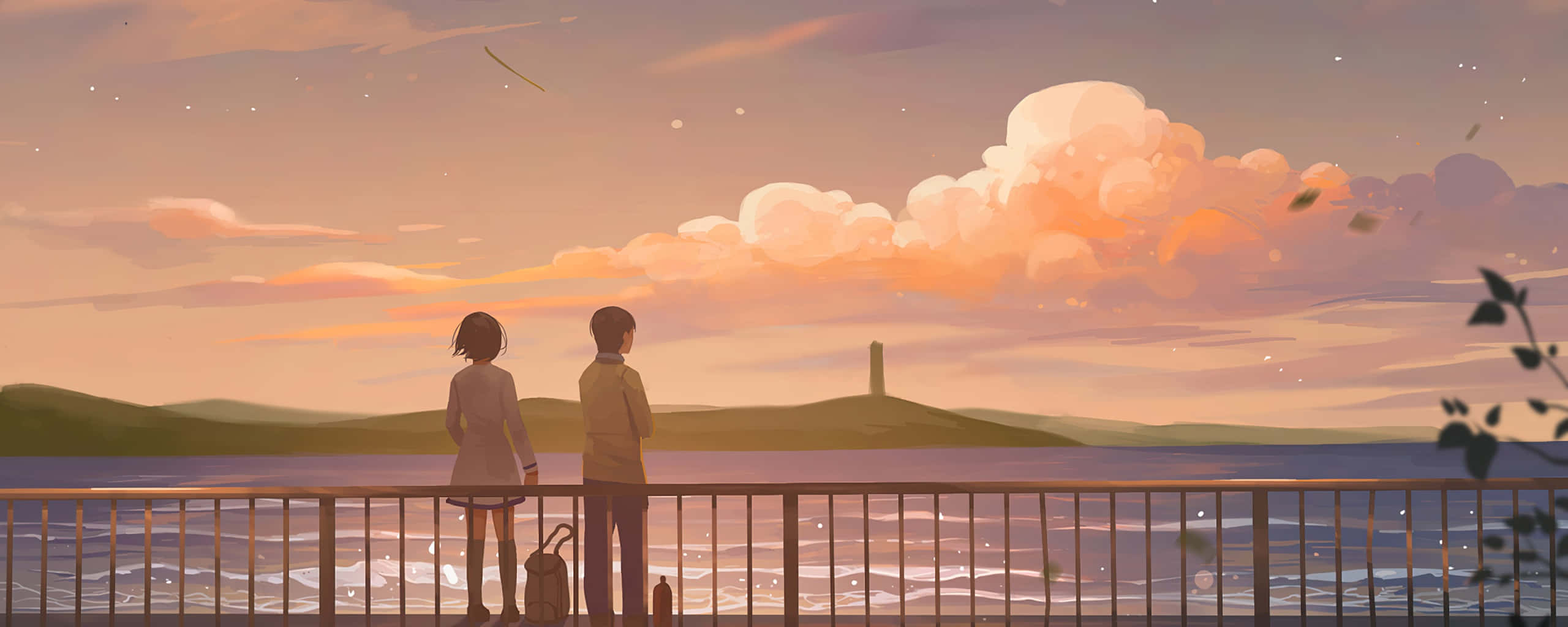 dual monitor, anime couple aesthetic, ocean view, 2K Desktop Wallpaper