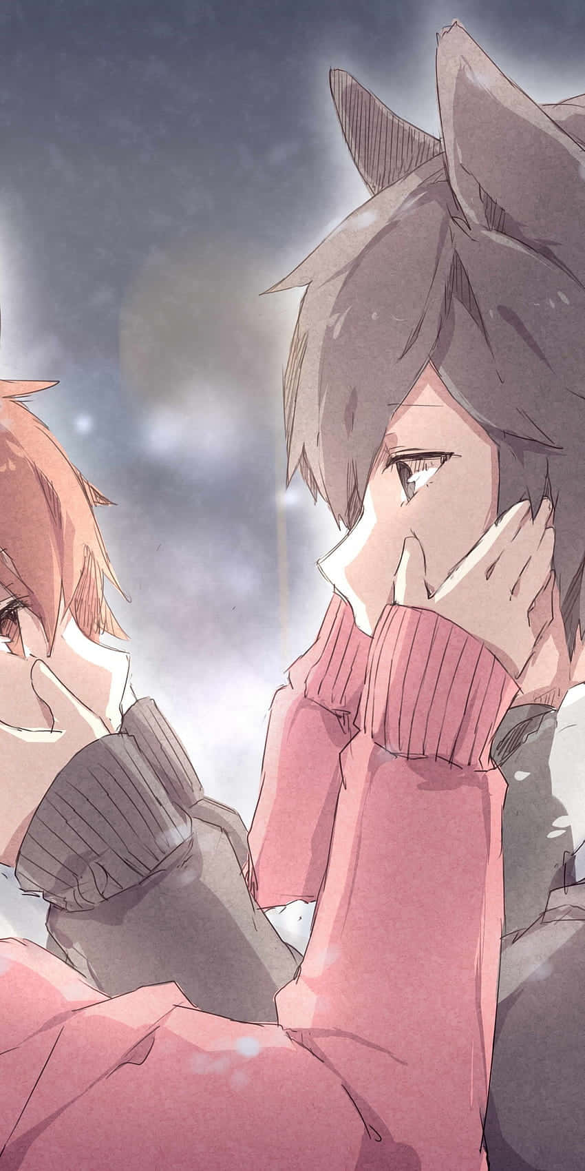 anime cat ears couple, pink sweater, soft gray sky, HD Phone Wallpaper
