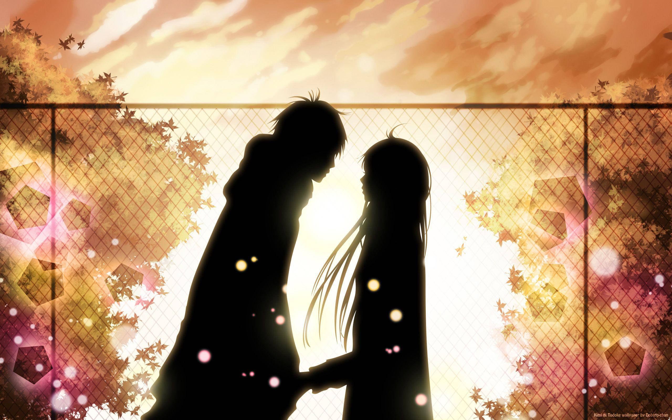 silhouette, romantic anime couple, fence, 2K Desktop Wallpaper