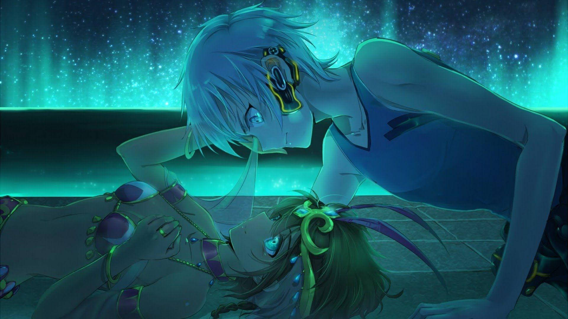 Romantic Anime, glowing teal aurora, starry sky background, Full HD Desktop Wallpaper