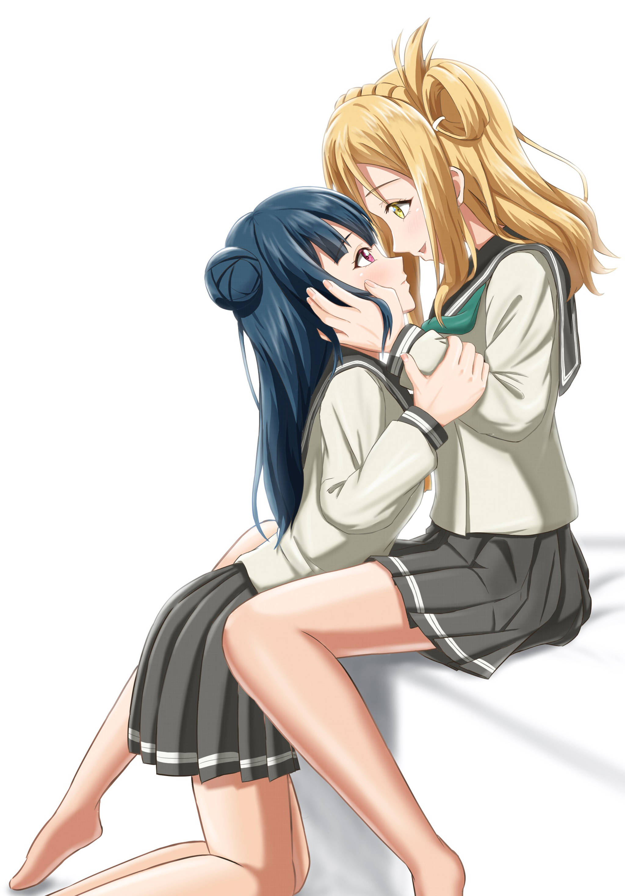 amorous anime lesbian couple, anime girls, school uniforms, 2K Phone Wallpaper