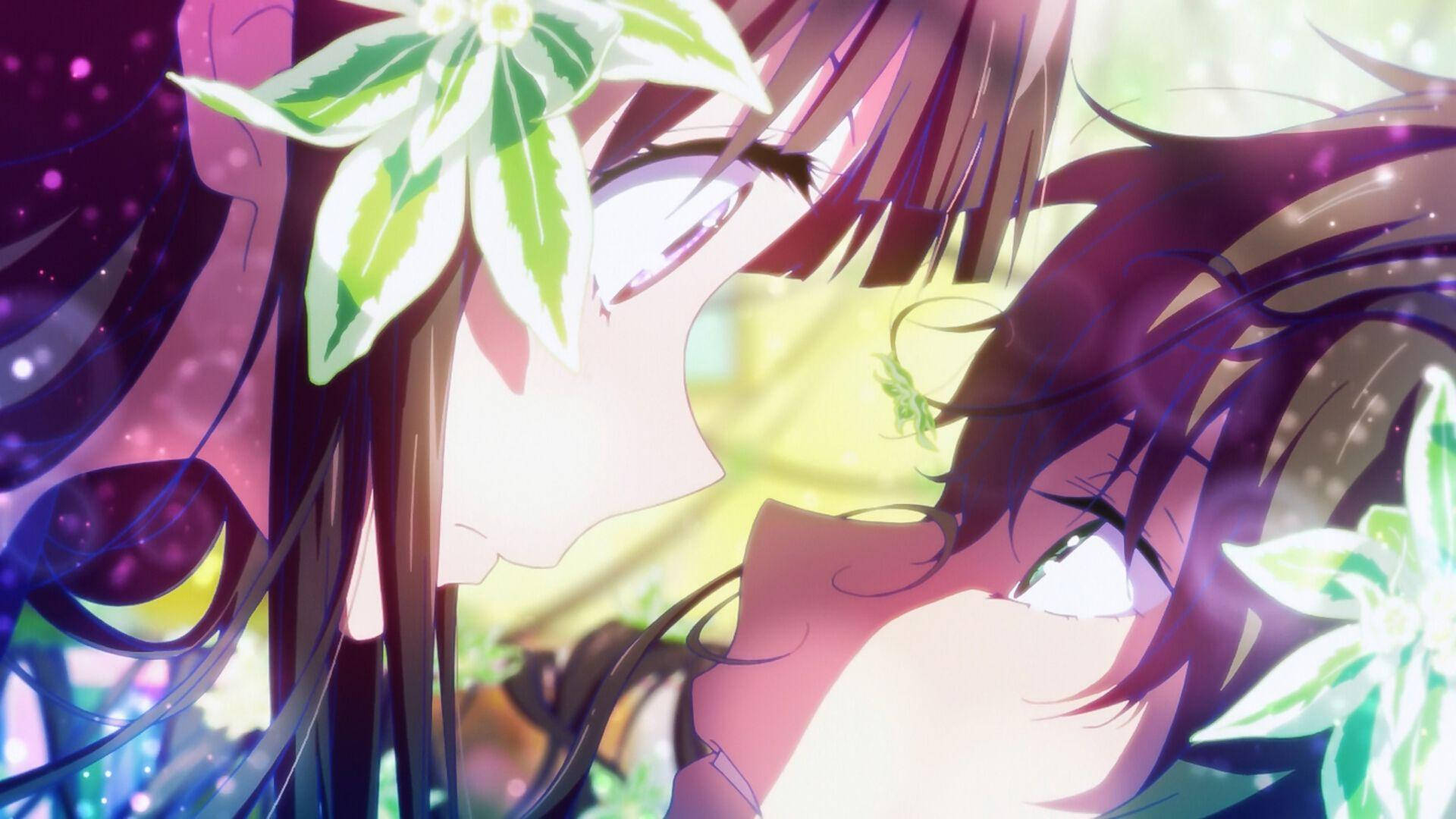 closeup romantic anime picture, glowing flowers, dreamy purple and green light, Full HD Desktop Wallpaper