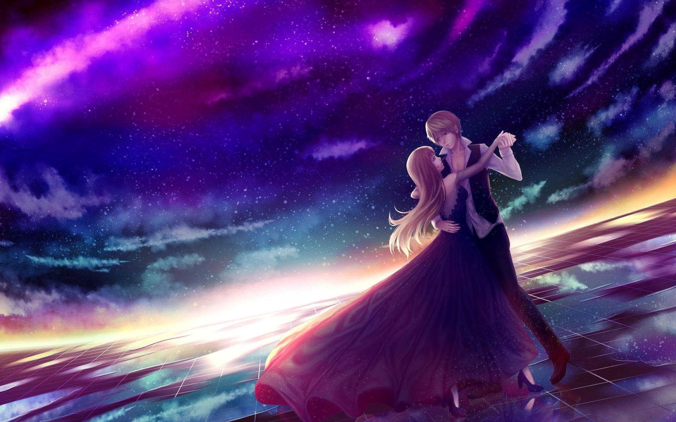 Romantic Anime, vibrant purple starry sky, glowing clouds, Full HD Desktop Wallpaper