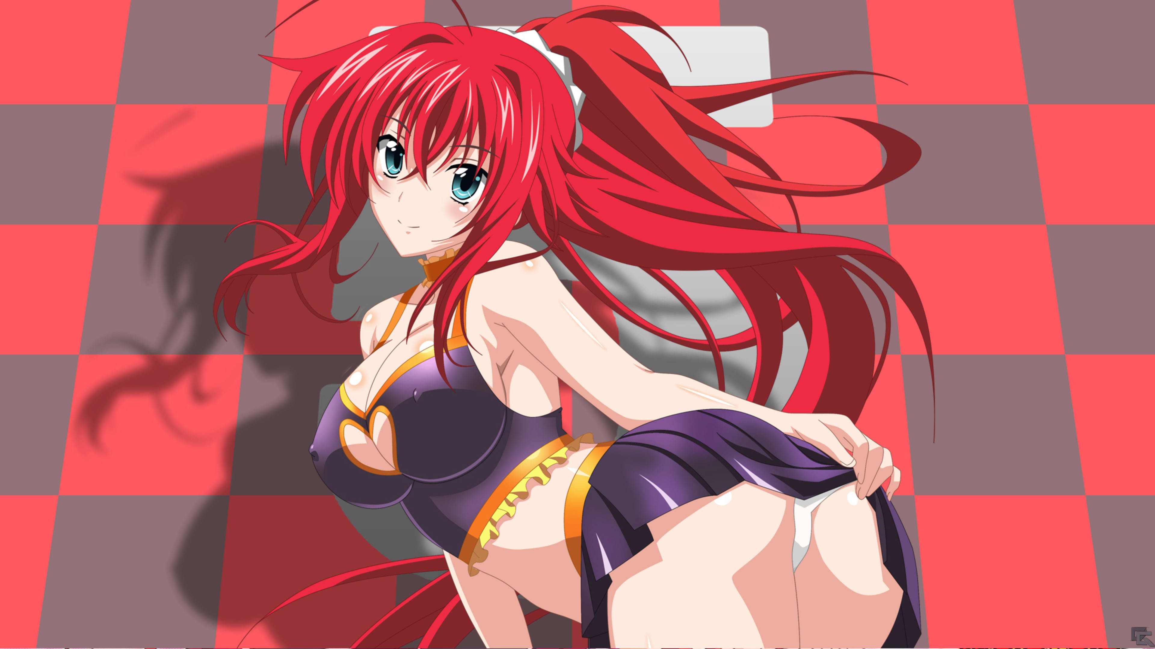 waifu, red-haired anime girl, purple outfit, 4K Desktop Wallpaper