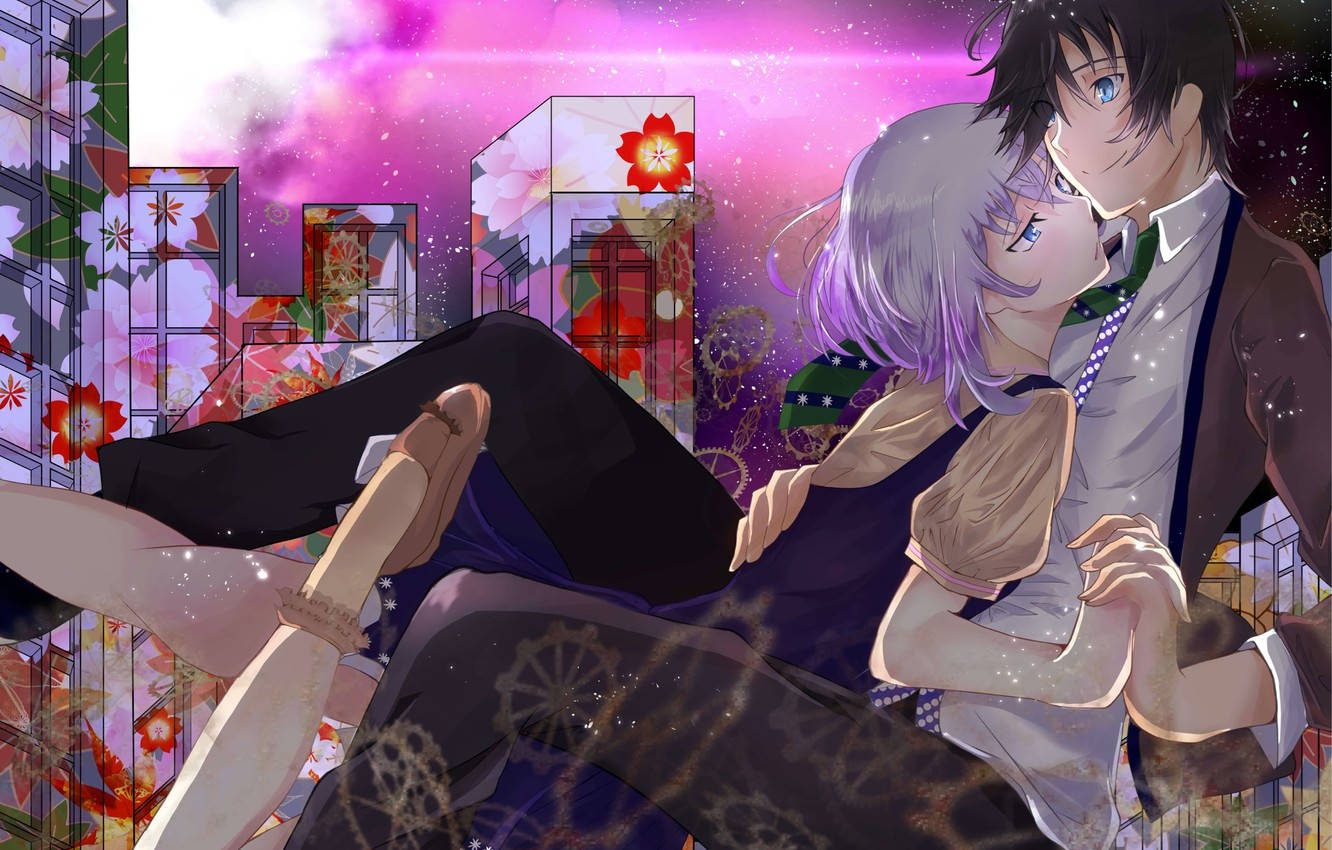 anime love couple, vibrant purple sky, floral architecture, HD Desktop Wallpaper