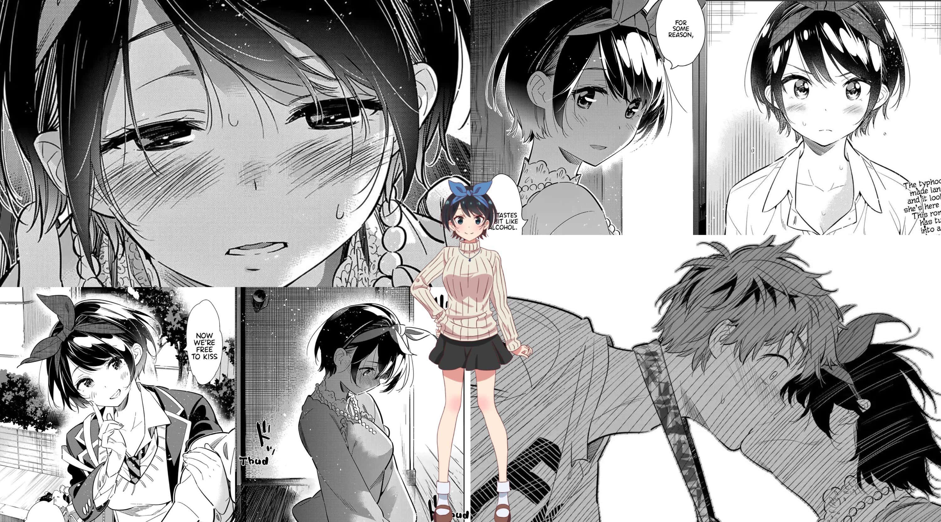 rental girlfriend, black and white manga panel collage, expressive anime characters, 2K Desktop Wallpaper