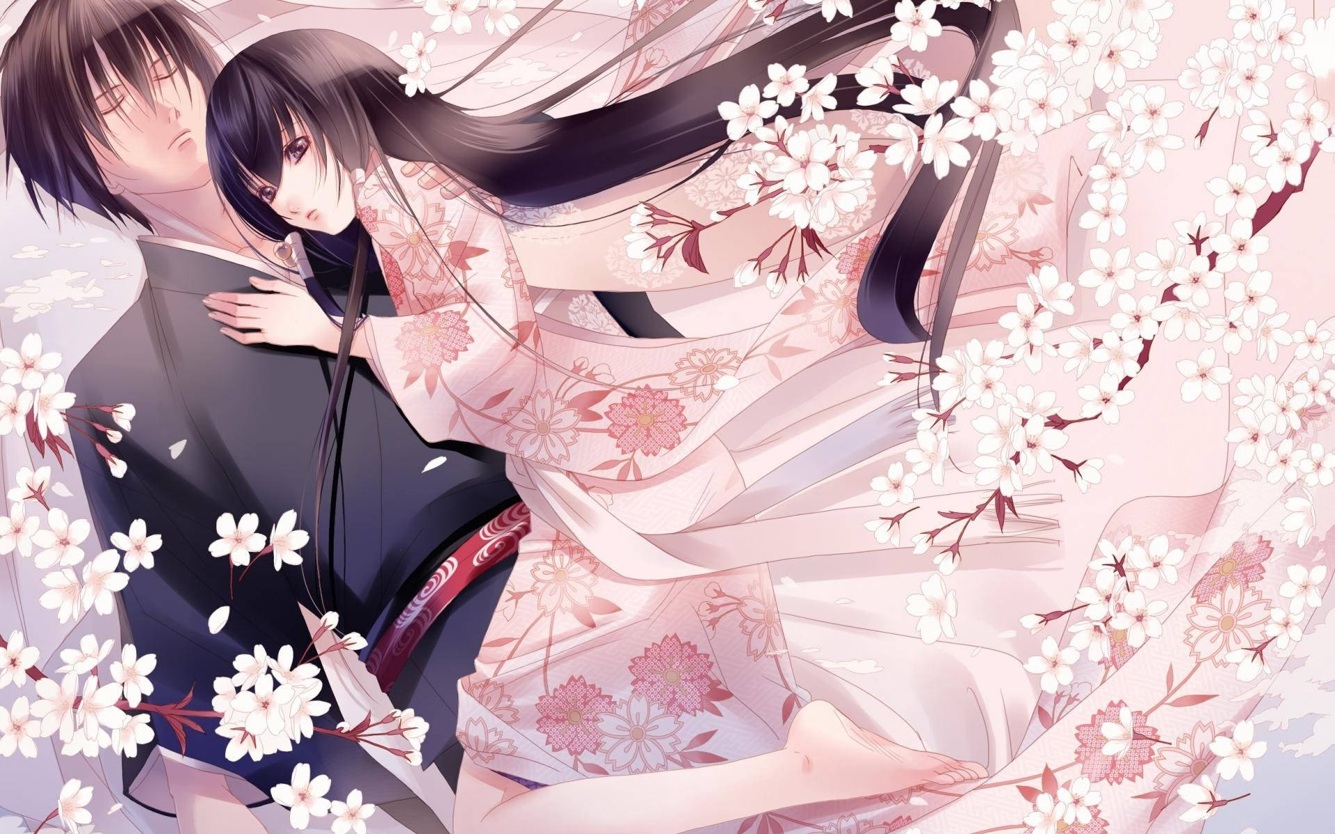 boy and girl anime hug, tender anime couple, pink cherry blossoms, Full HD Desktop Wallpaper