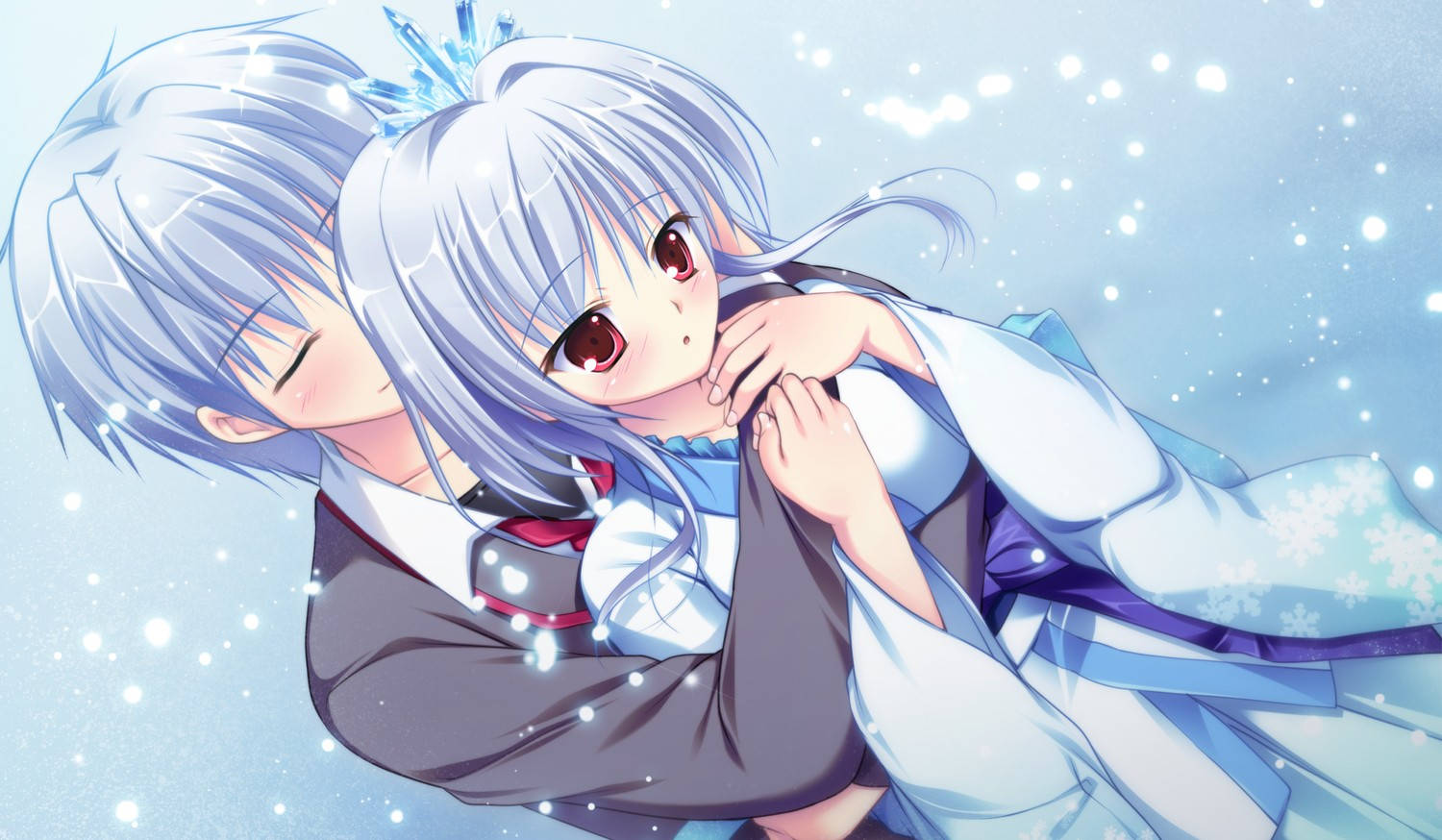 blue haired couple, anime hug, snowy backdrop, HD Desktop Wallpaper