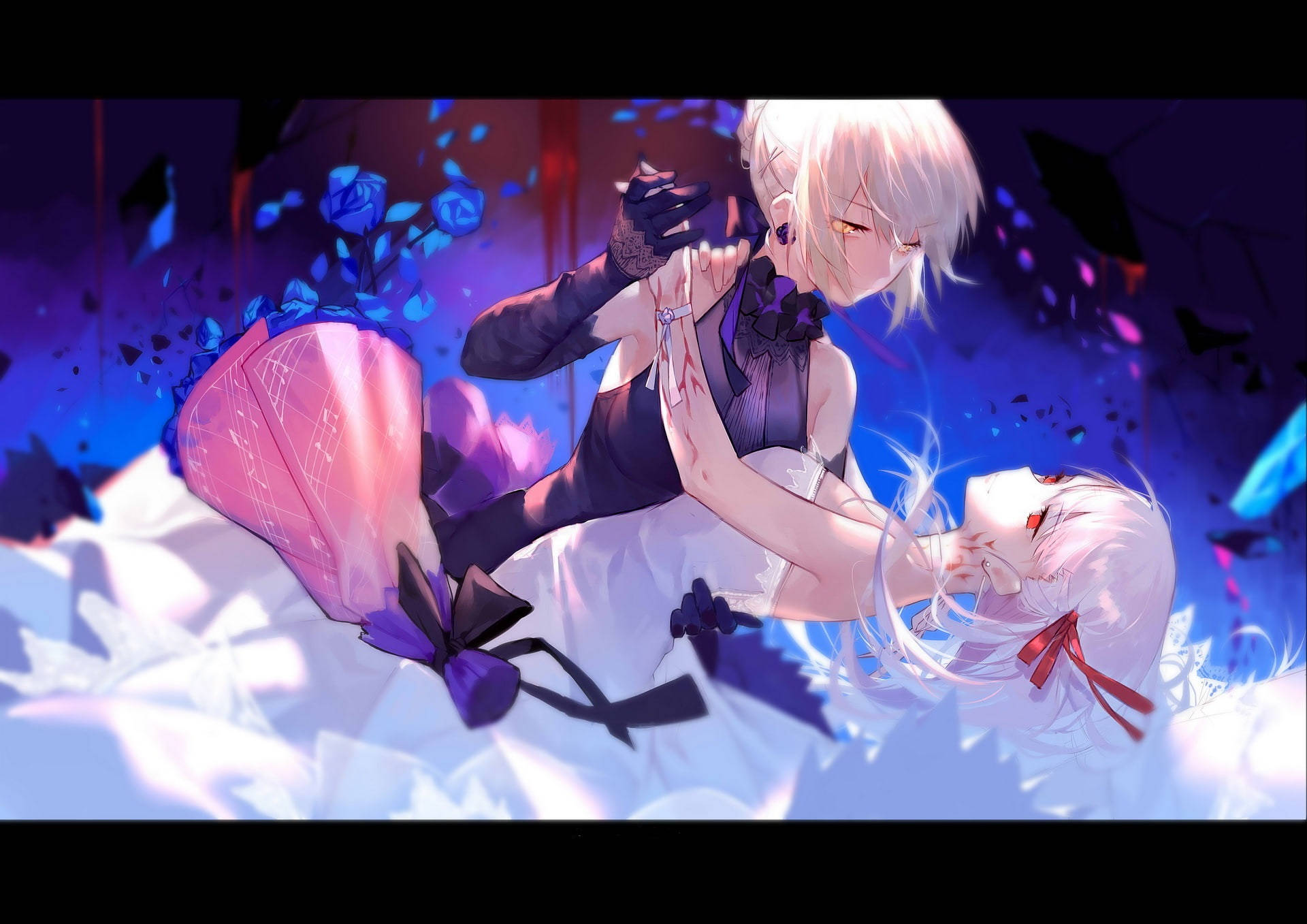 anime dance lesbian couple, dark and pink outfits, shattered glass, Full HD Desktop Wallpaper