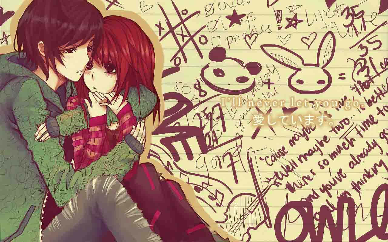 anime teens, doodles hearts, handwritten lyrics, HD Desktop Wallpaper