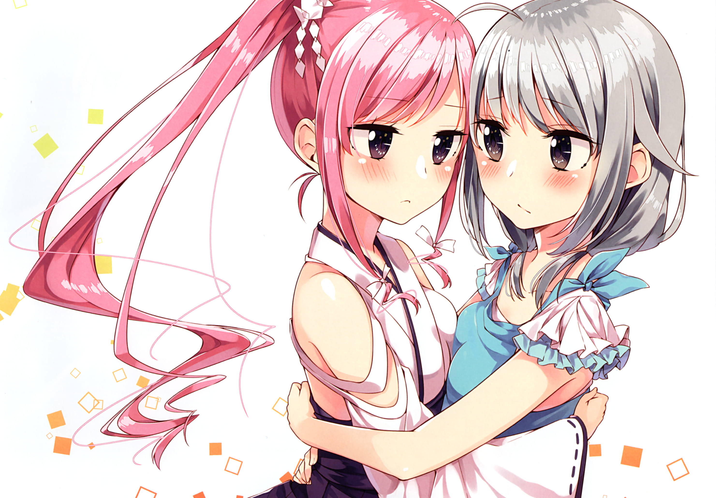 anime lesbians in love, pink and silver hair, embrace warmly, 2K Desktop Wallpaper