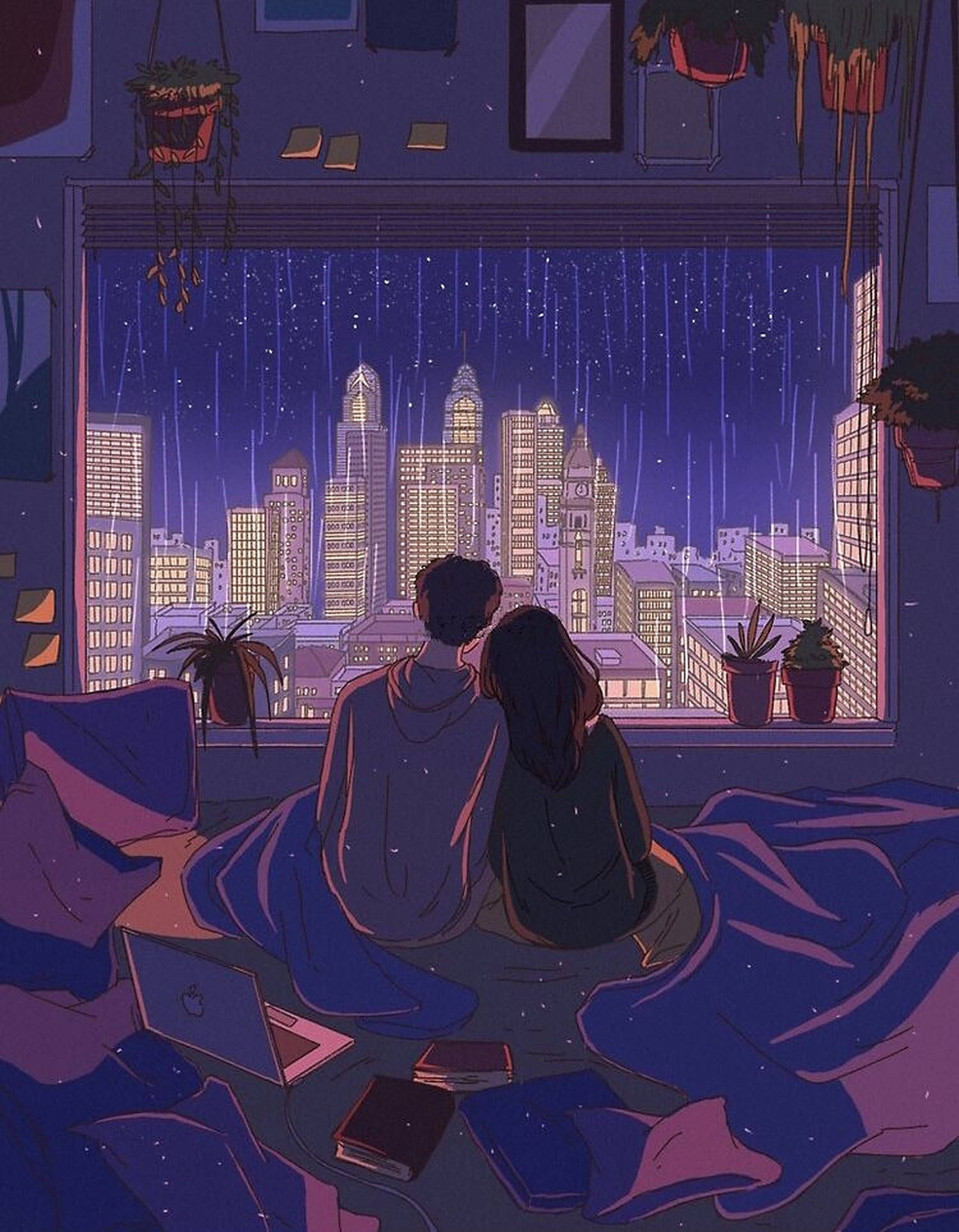 cuddling anime couple, bed, blankets, Full HD Phone Wallpaper