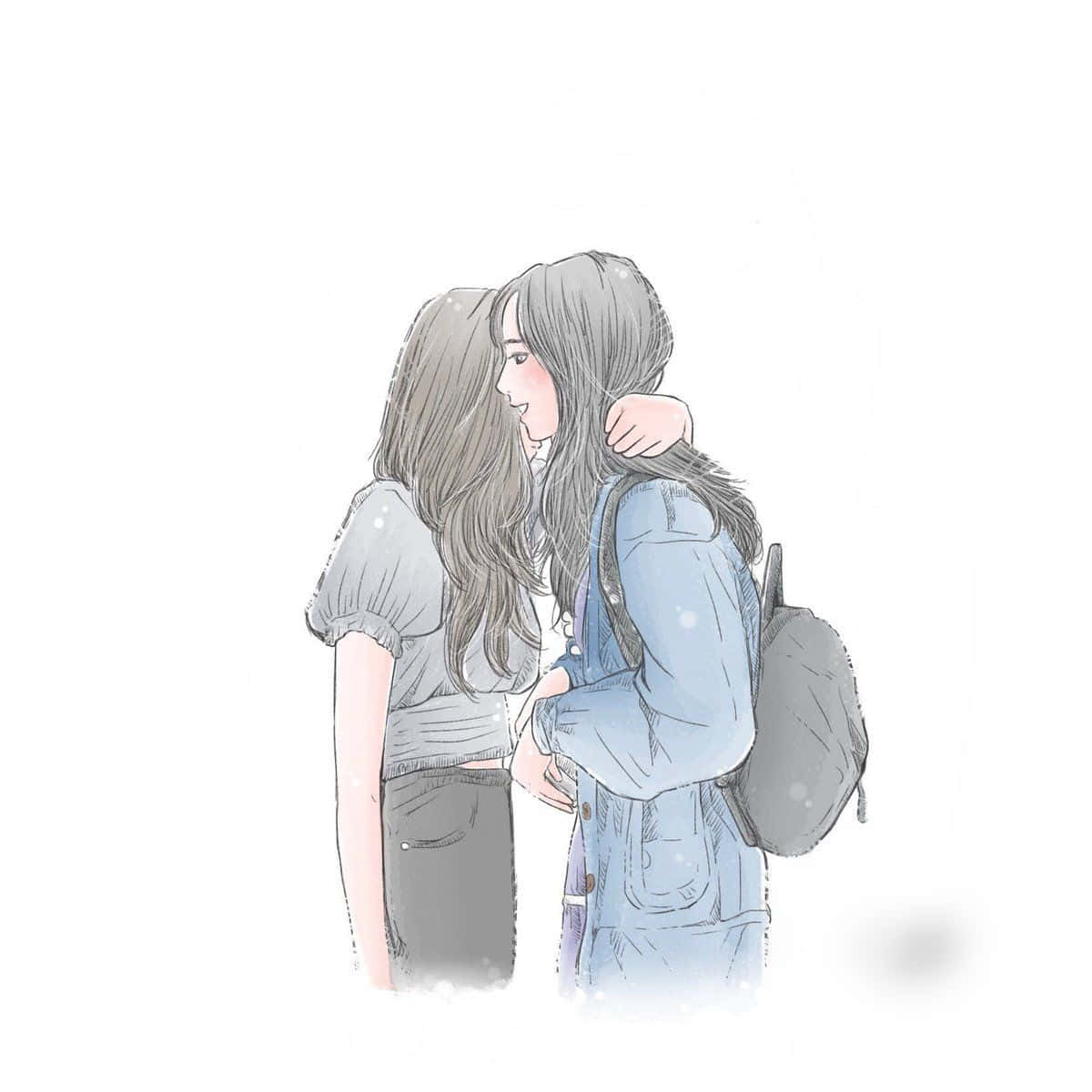 Lesbian Anime, hugging, soft illustrated style, SD Desktop Wallpaper