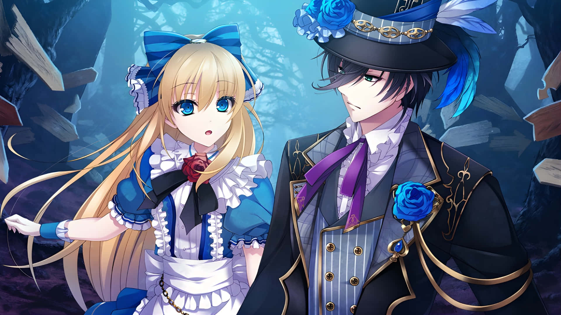 blonde anime girl, blue and white maid attire, dark-haired man, Full HD Desktop Wallpaper