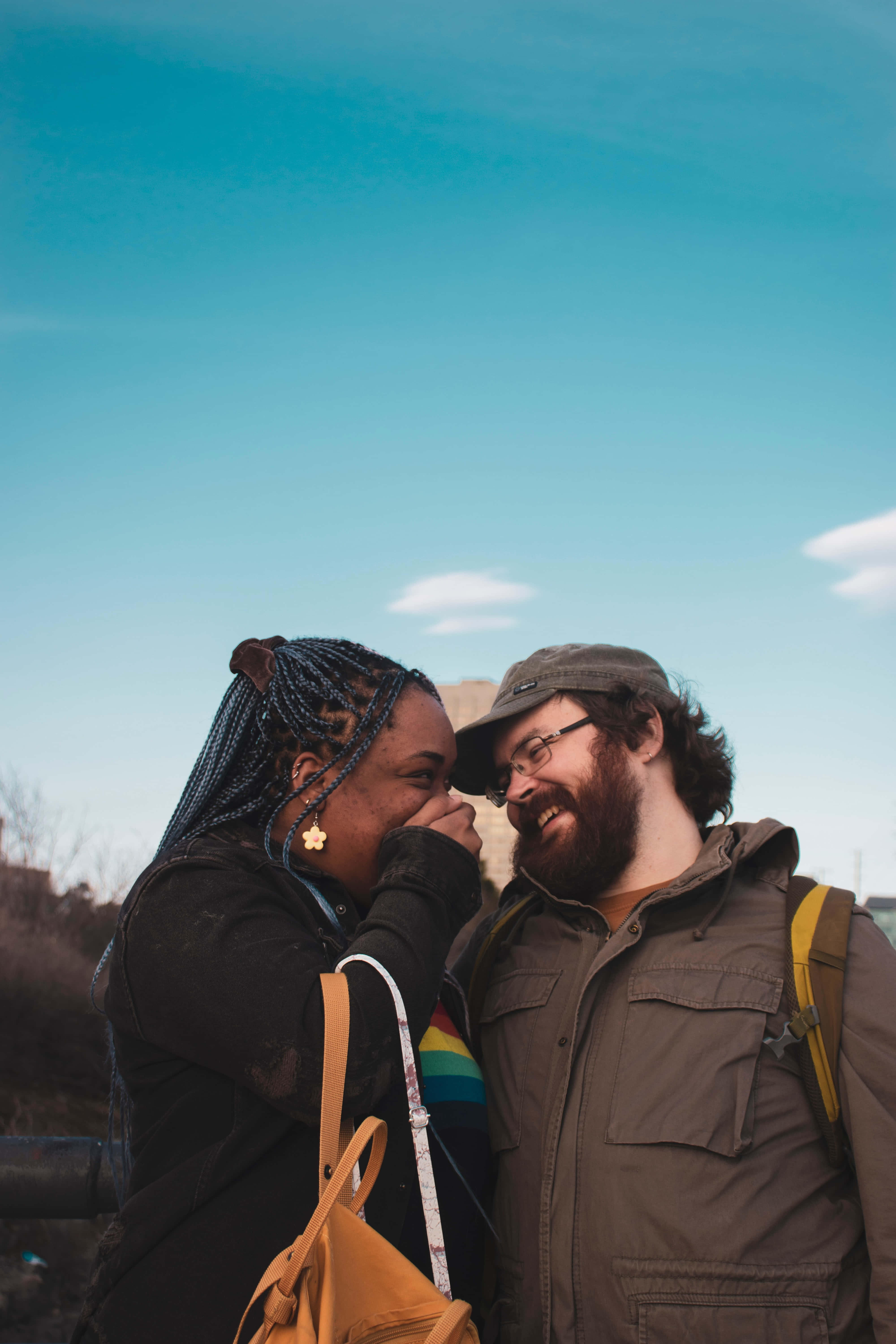 interracial couple, smiling, blue skies, 5K Phone Wallpaper