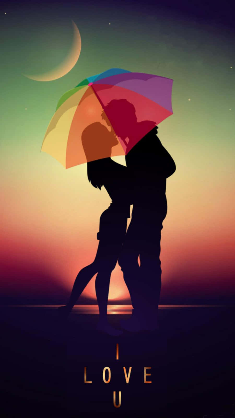 silhouetted couple, rainbow umbrella, sunset, HD Phone Wallpaper