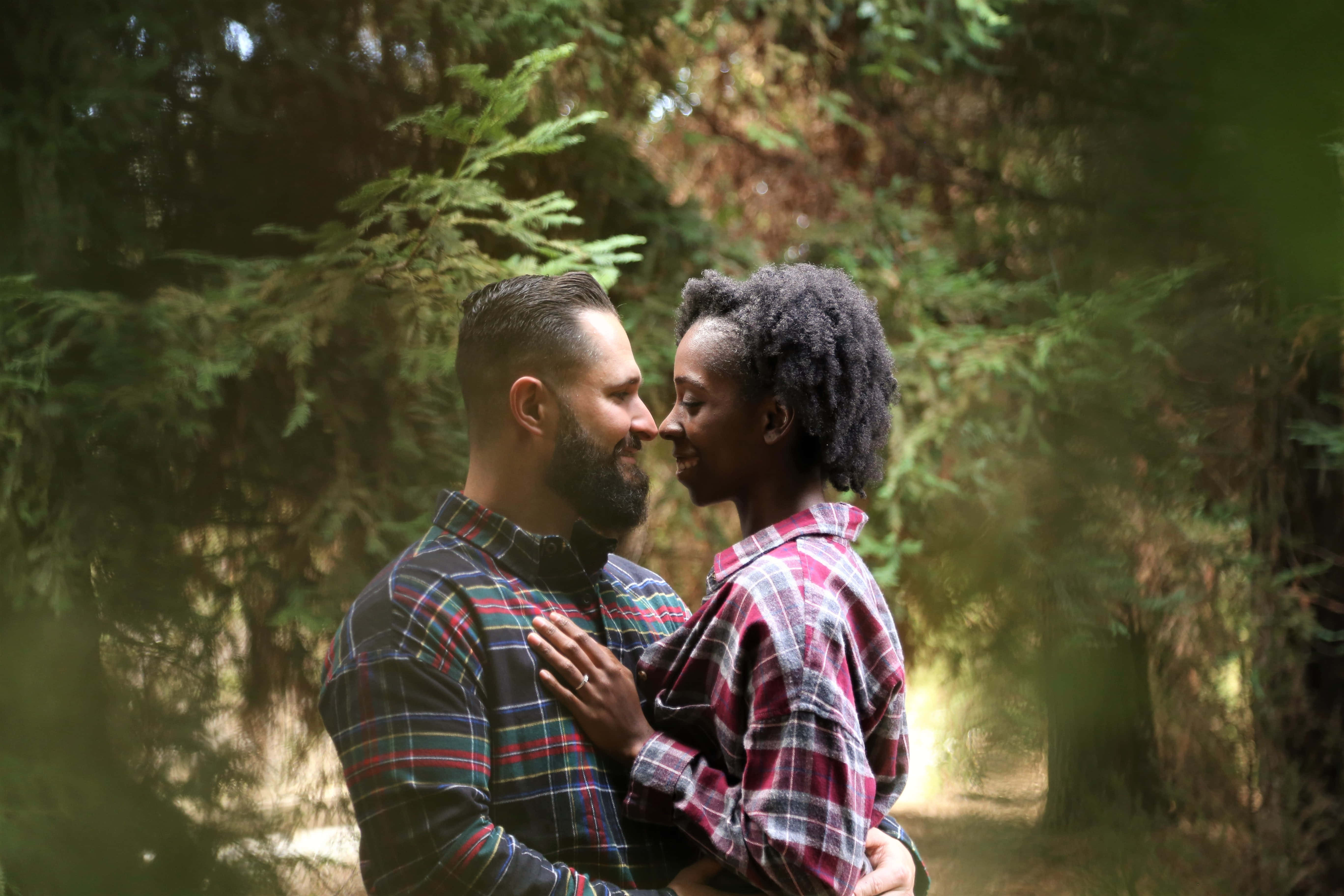 interracial couple, plaid shirts, nose to nose, 5K Desktop Wallpaper