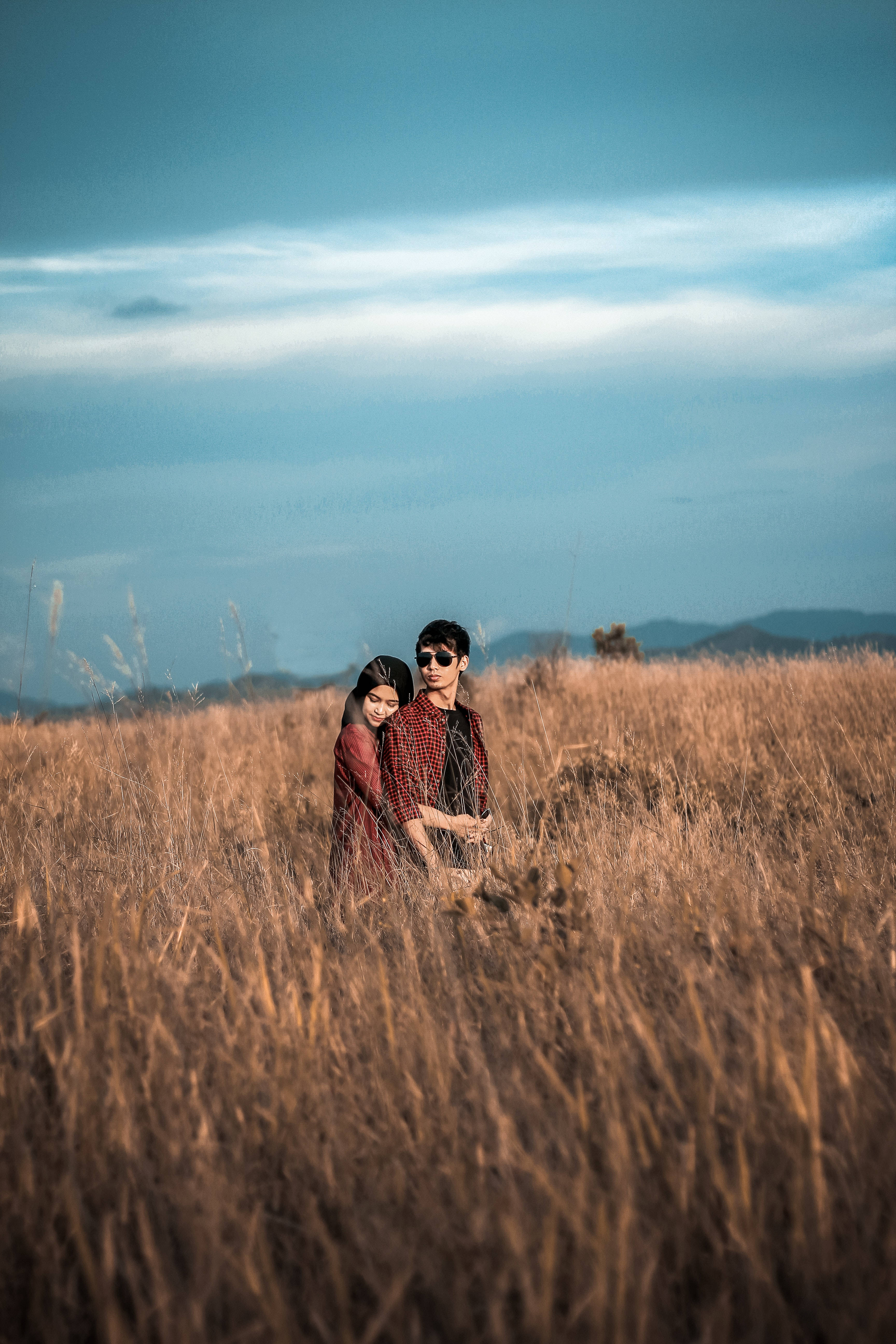 romantic couple, golden grassy field, soft blue sky, 5K Phone Wallpaper