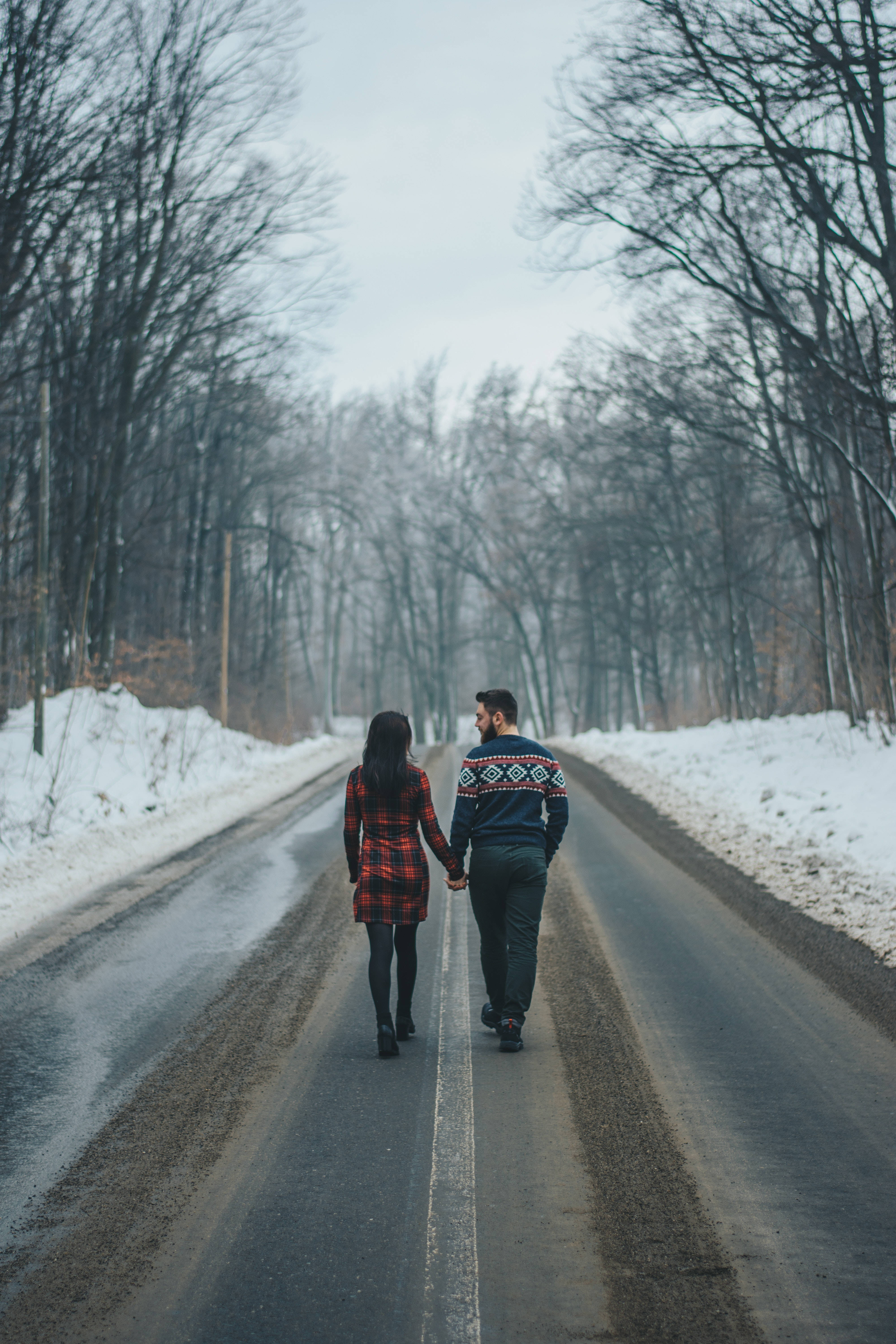 Romantic Couple, snowy forest road, bare trees, 5K Phone Wallpaper