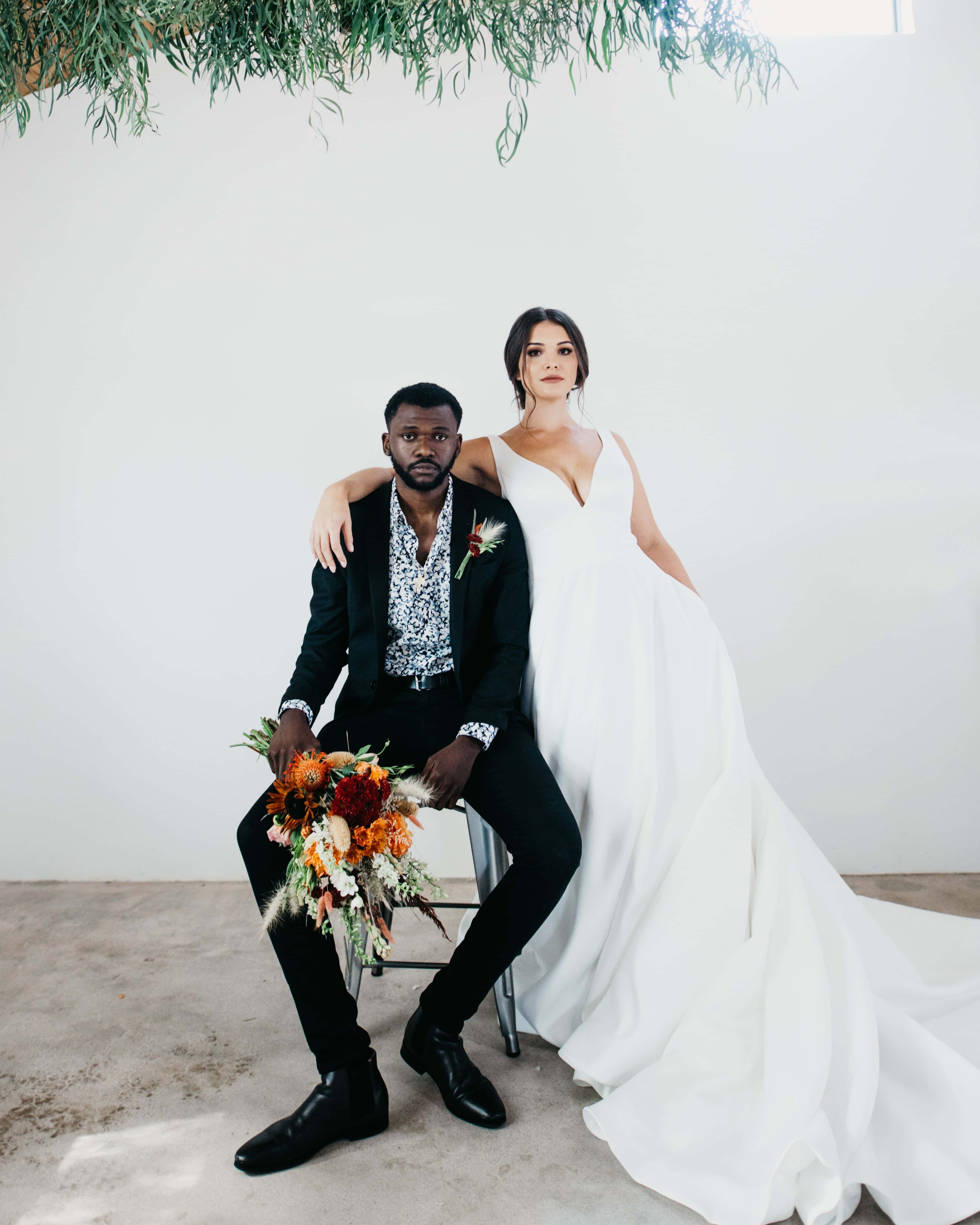 interracial wedding, flowing white gown, black suit, 4K Phone Wallpaper