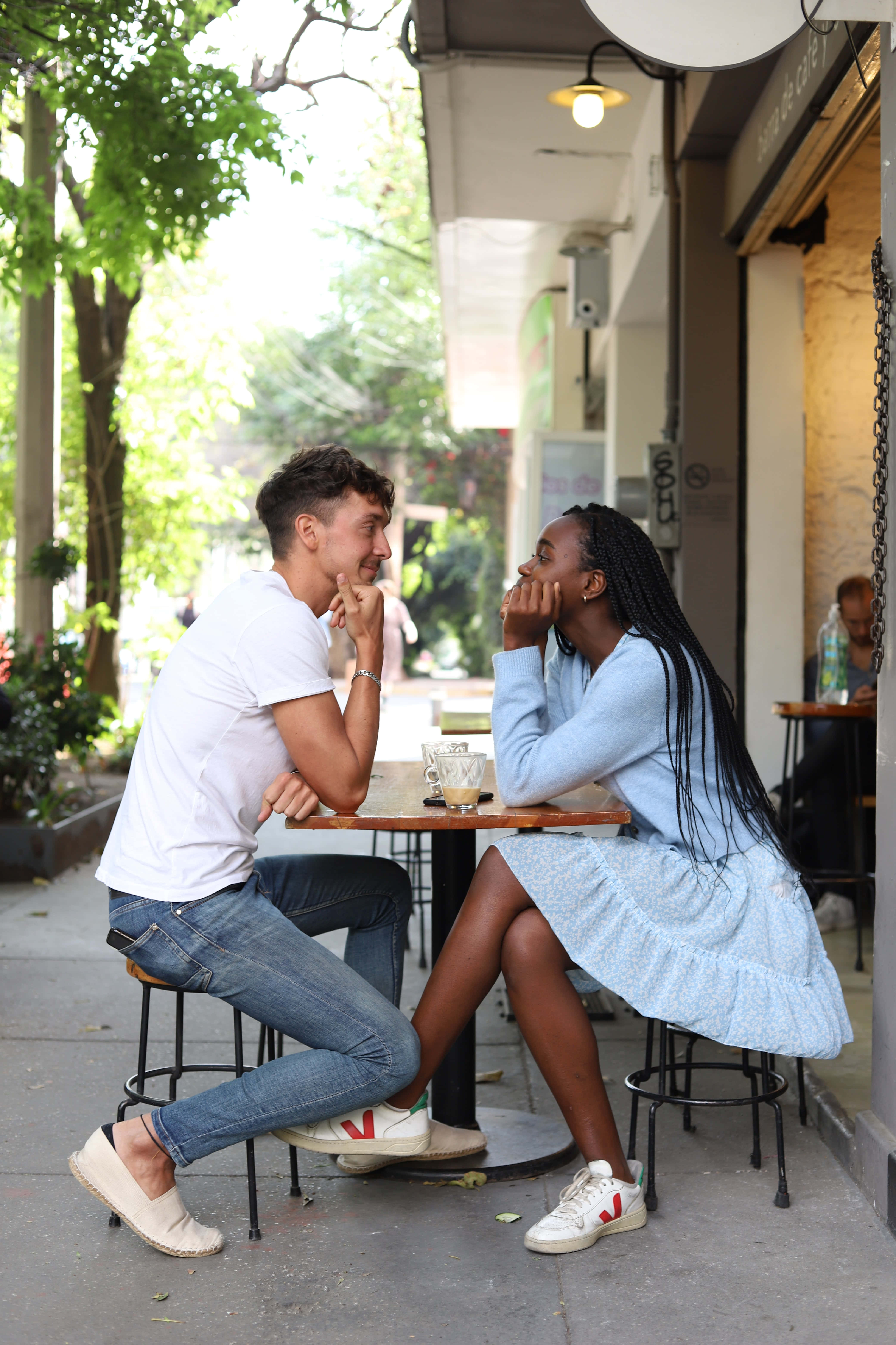 interracial couple, cafe date, outdoor cafe table, 5K Phone Wallpaper