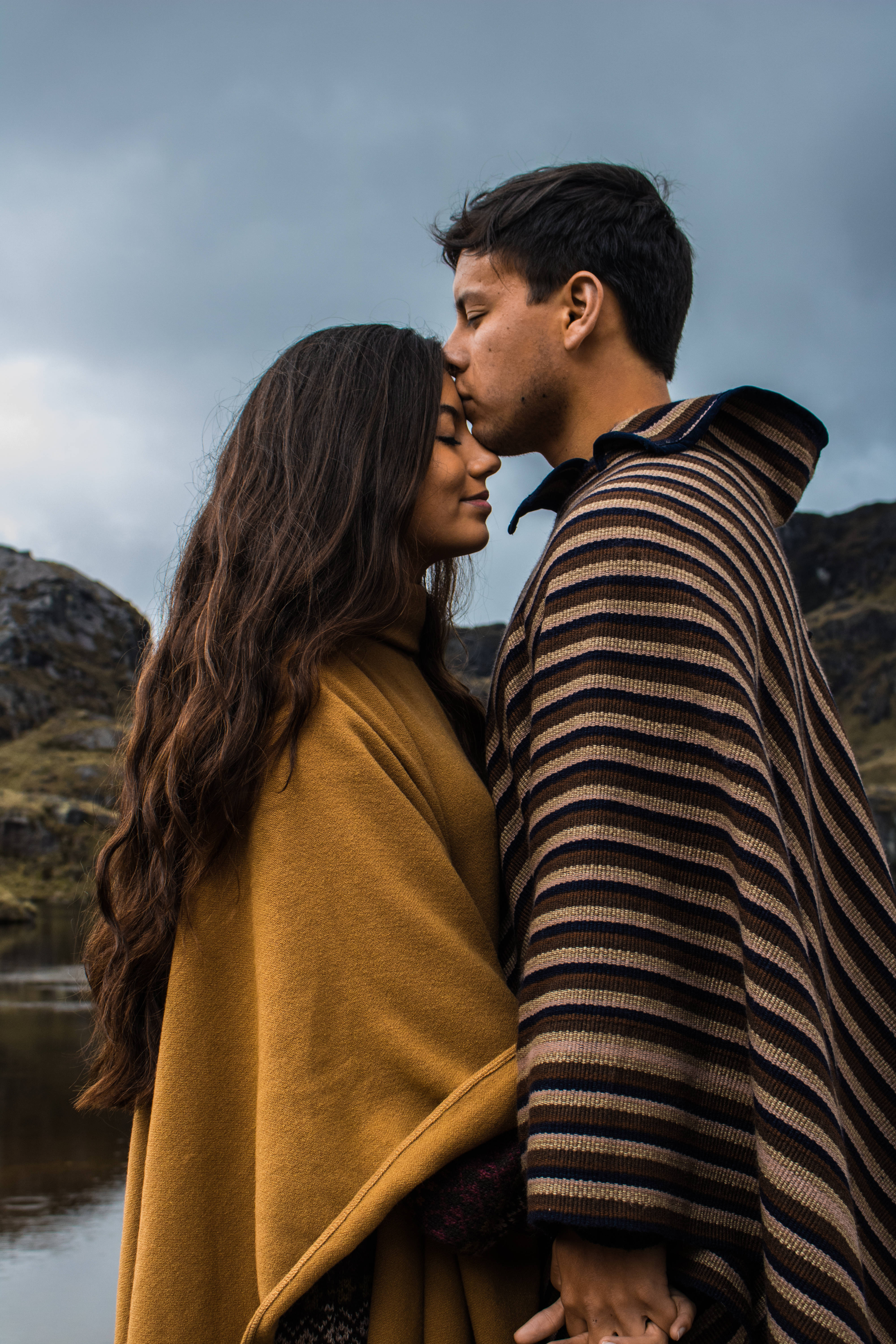 couple, kissing forehead, misty mountain lake, 5K Phone Wallpaper