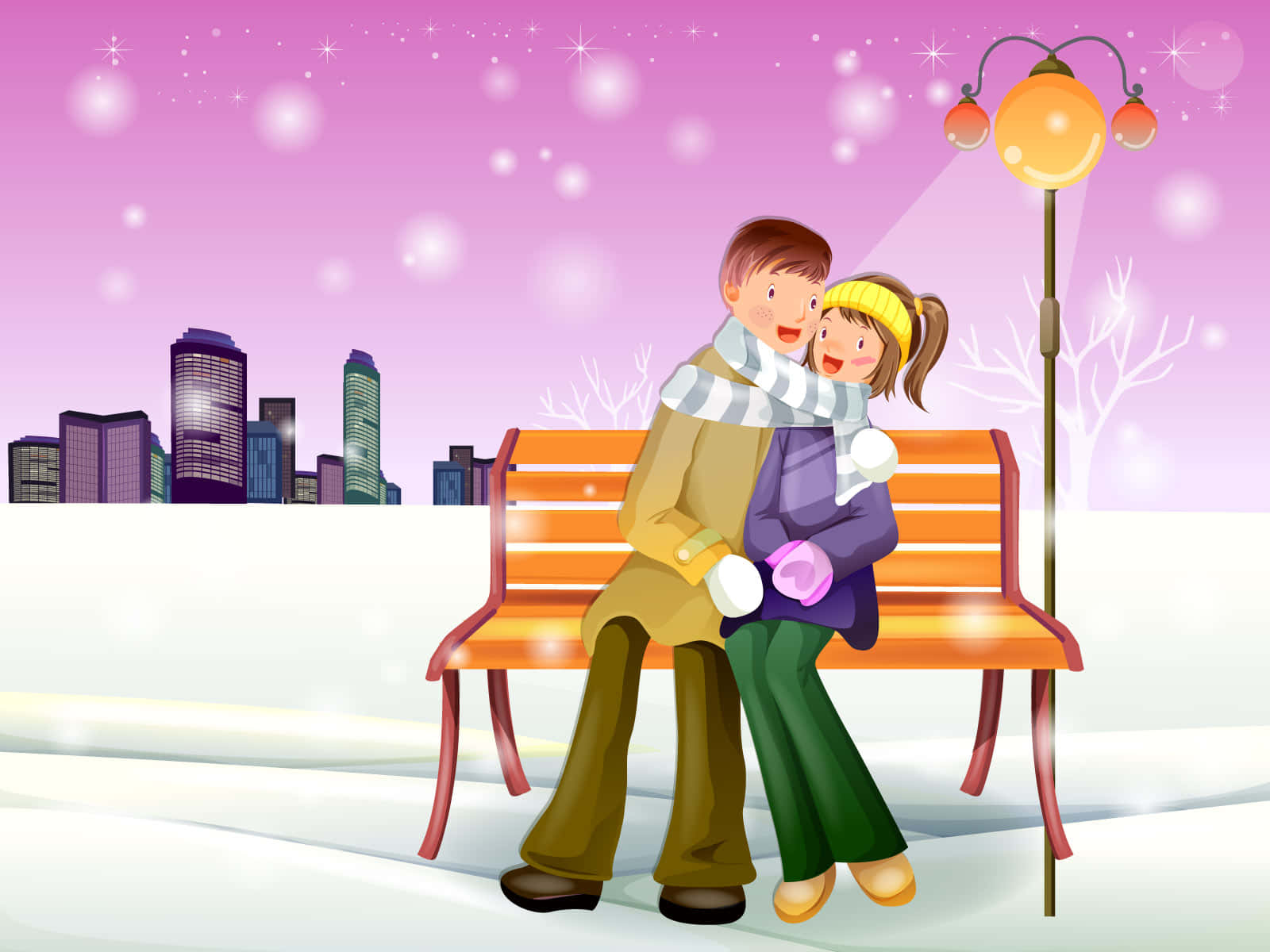 Romantic Couple, snowy bench, glowing streetlamp, HD Desktop Wallpaper