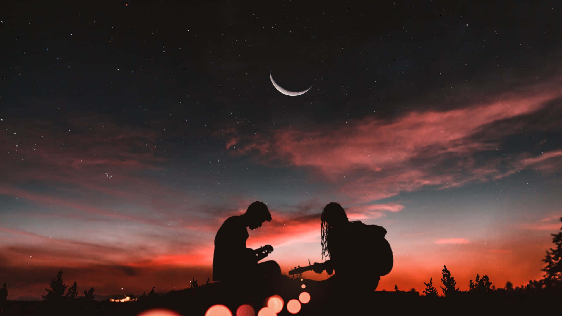 crescent moon, starry sky, twilight, Full HD Desktop Wallpaper
