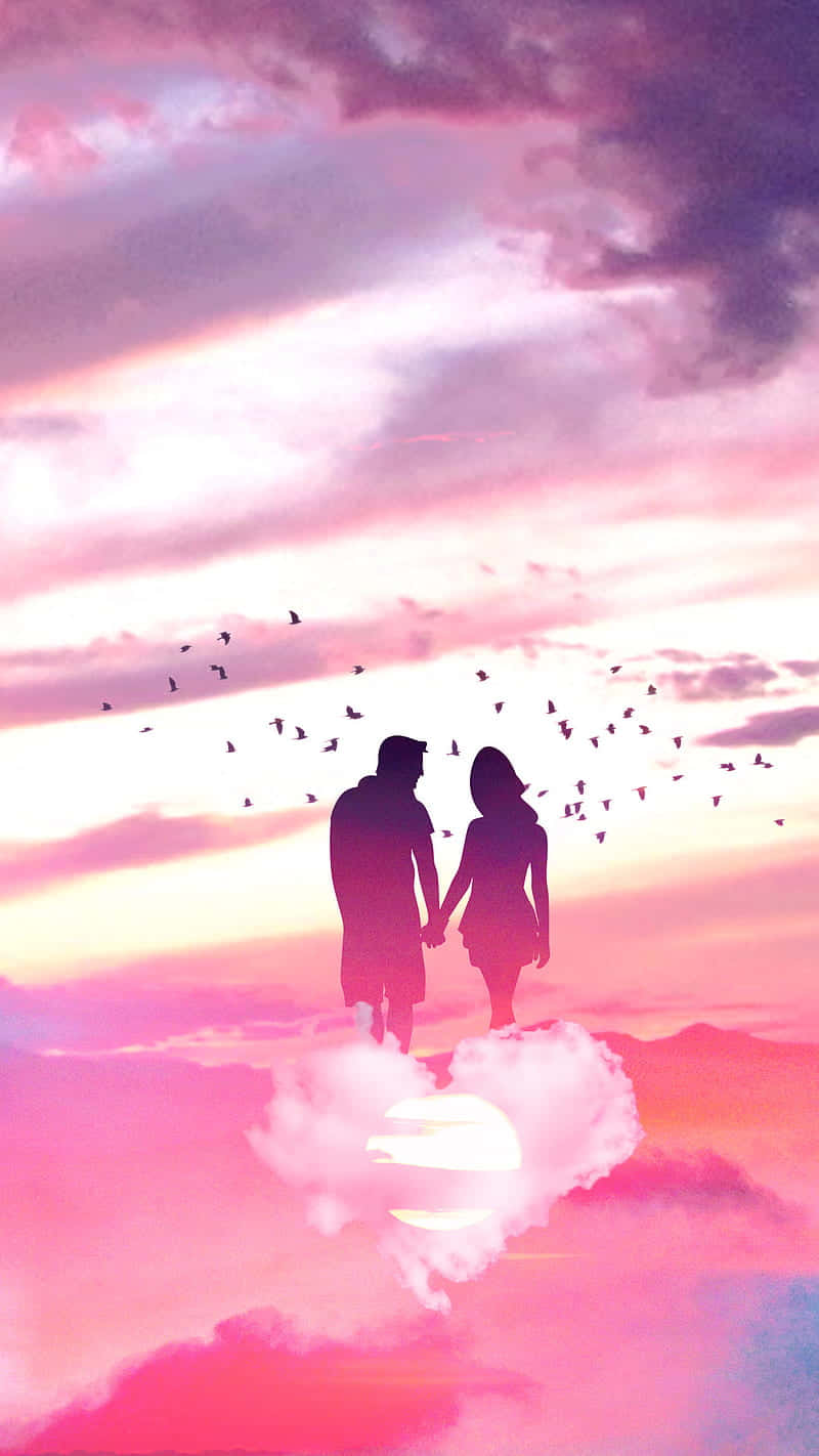 Romantic Couple, heart-shaped cloud, pink and purple sunset sky, HD Phone Wallpaper
