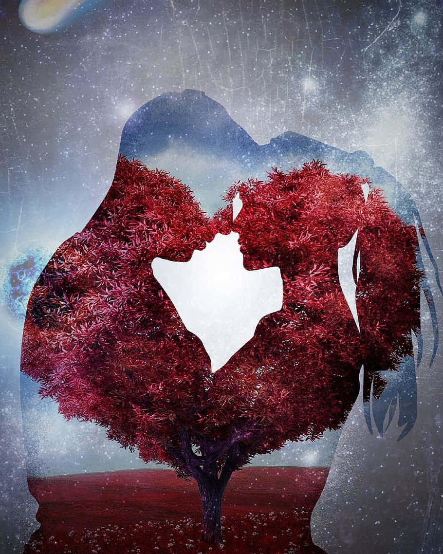 Romantic Red Gray Art, heart-shaped tree, vibrant red leaves, SD Phone Wallpaper