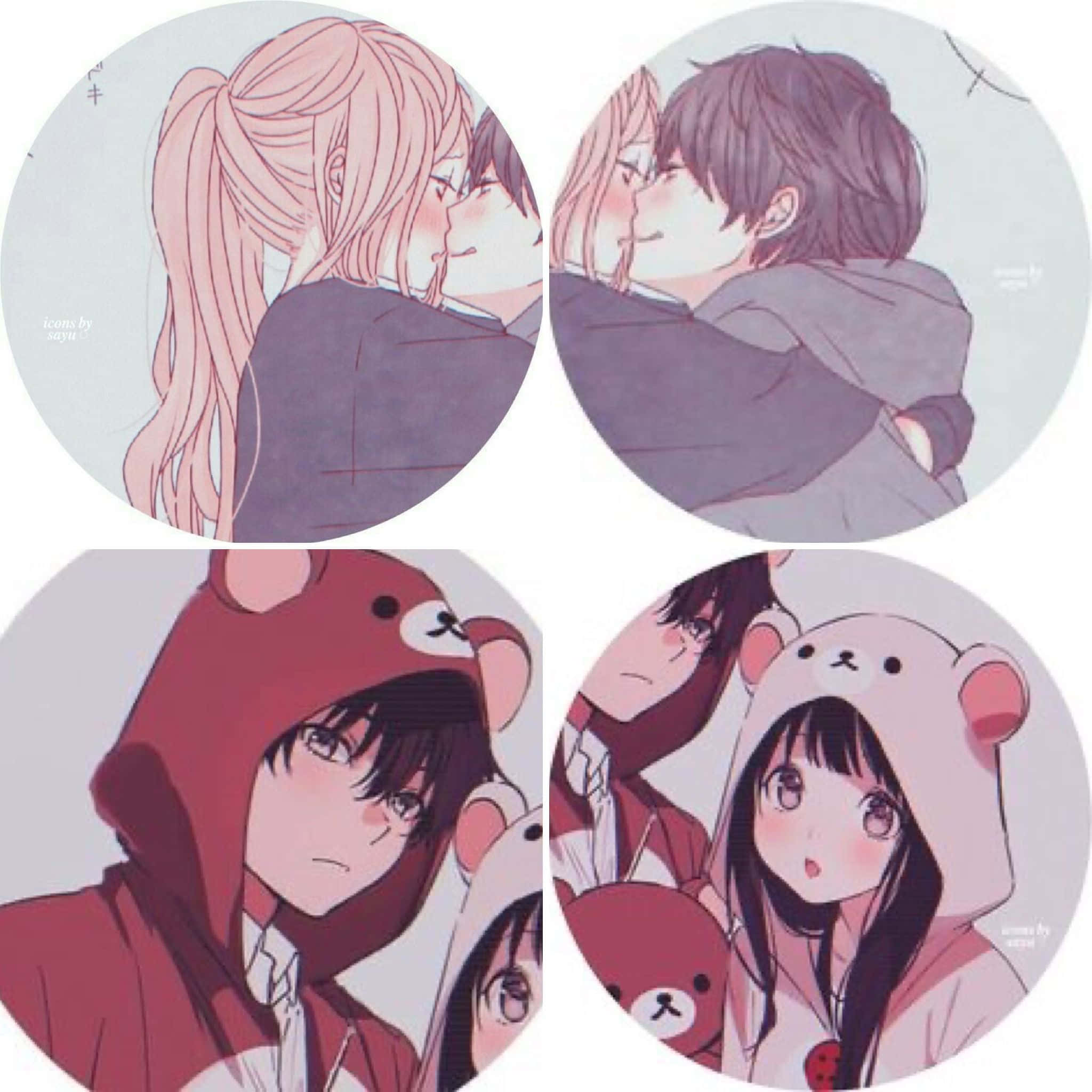 anime-style panels, bear-themed hoodies, soft pink and purple tones, Full HD Desktop Wallpaper