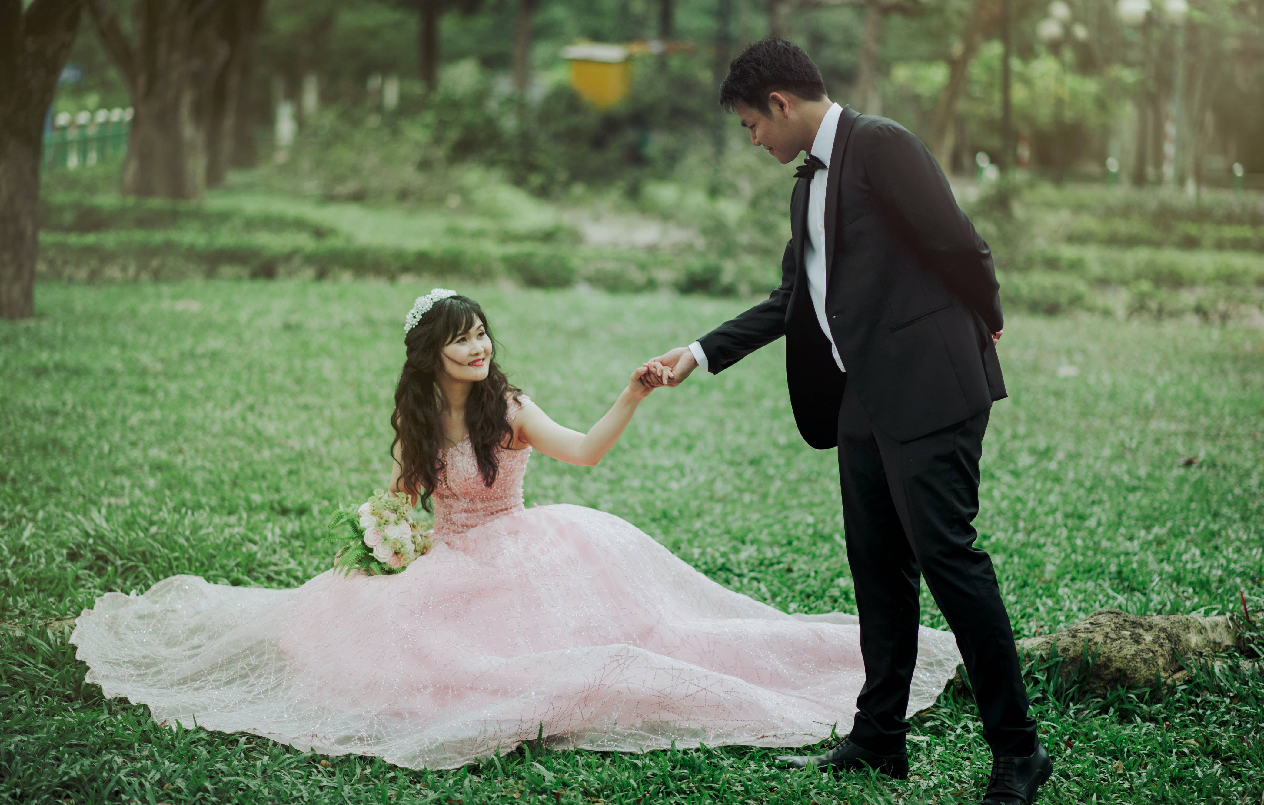 Romantic Asian Couple, pink gown, black suit, 4K Desktop Wallpaper