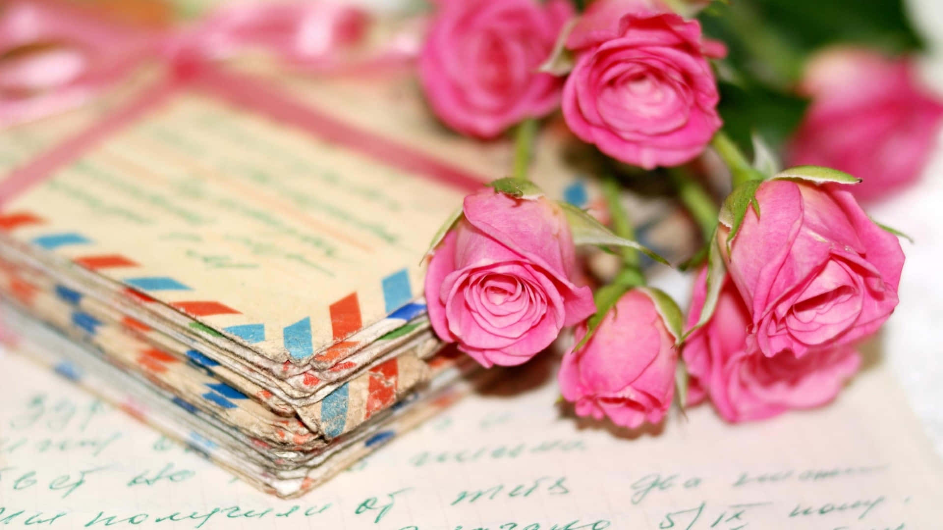 vintage airmail envelopes, bouquet of vibrant pink roses, handwritten letters, Full HD Desktop Wallpaper